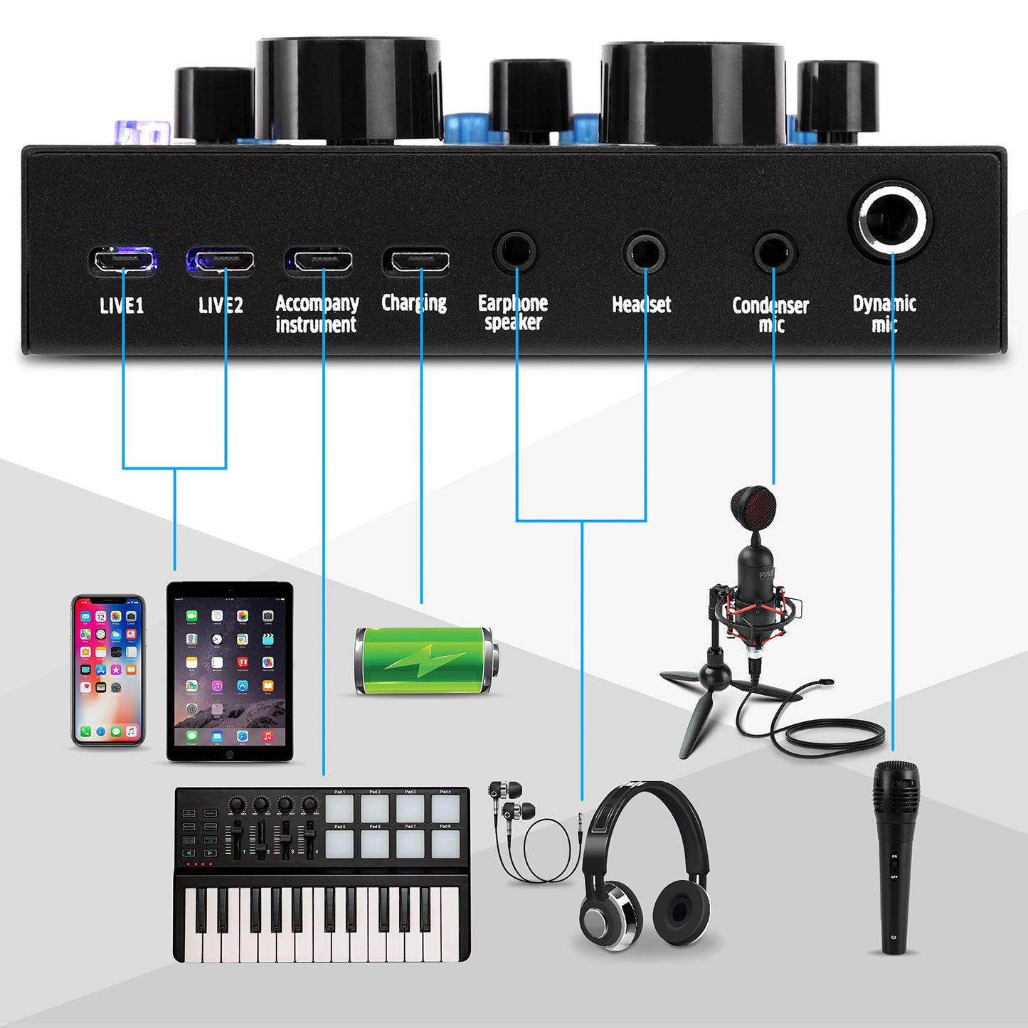 Pyle PKSCRD208 Bluetooth Mini Audio Interface Podcast Mixer Sound Card - Live Streaming for PC Computer iPhone Broadcasting | Voice Changer V8 with 12 Sound Effects,3 Inputs, Mic Input