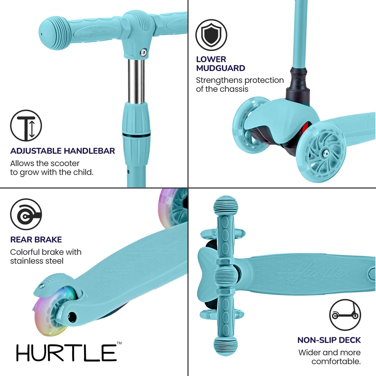 Hurtle Mini Kickboard Scooter for Kids - Height Adjustable 25''-28'', Lightweight 3-Wheel with LED Light-up Wheels, Anti-Slip,Indoor/Outdoor Fun, Micro Scooters for Ages 2-5 (Teal)