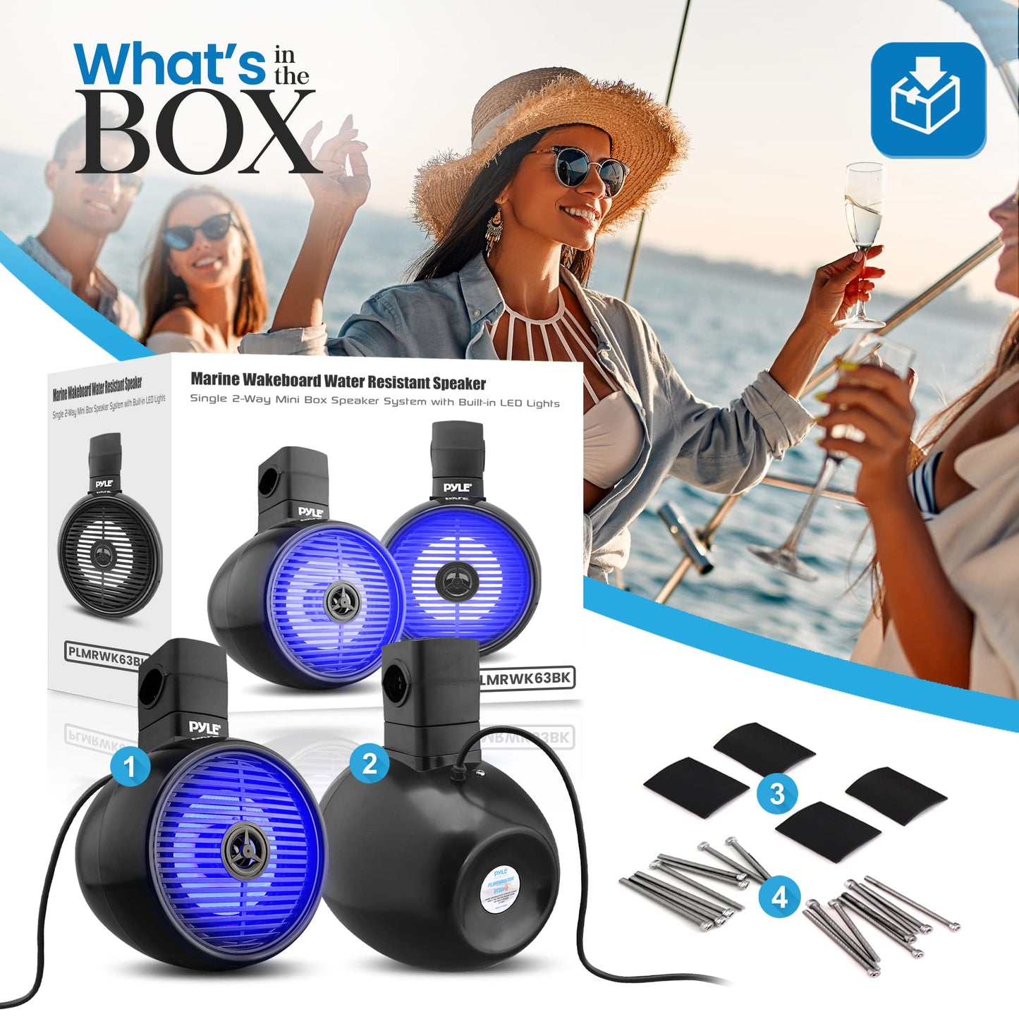 PyleUsa 6.5” Waterproof Off-Road Speakers - 200W 2-Way Marine Wakeboard Tower Sound System w/ LED Light, Full Range Outdoor Stereo Speaker for Car, ATV, UTV, Jeep, Boat, Includes Brackets (Black)