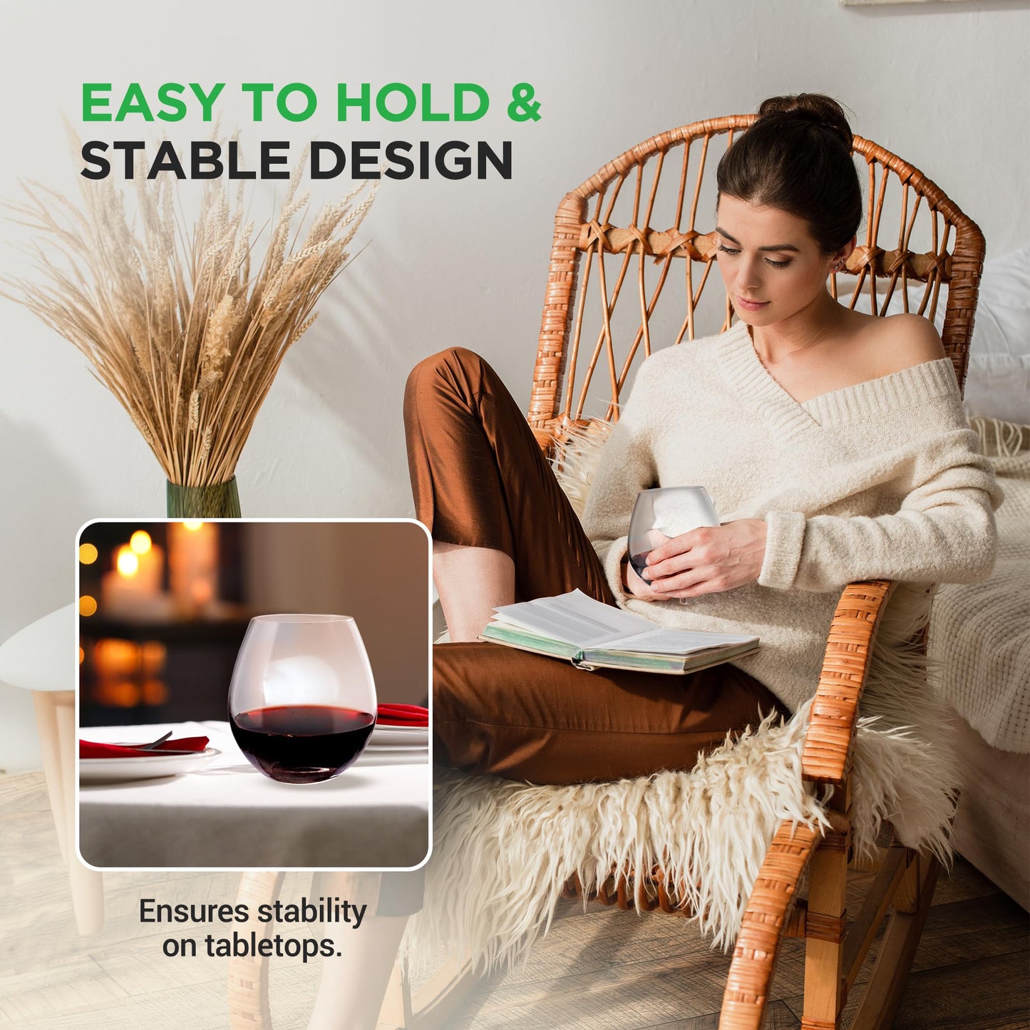 NutriChef Stemless 8 Wine Glasses 15 Ounces, Hand Blown Glasses for Home, Bar & Restaurant, Dishwasher Safe, Gift Set for Wine Lovers, Friends