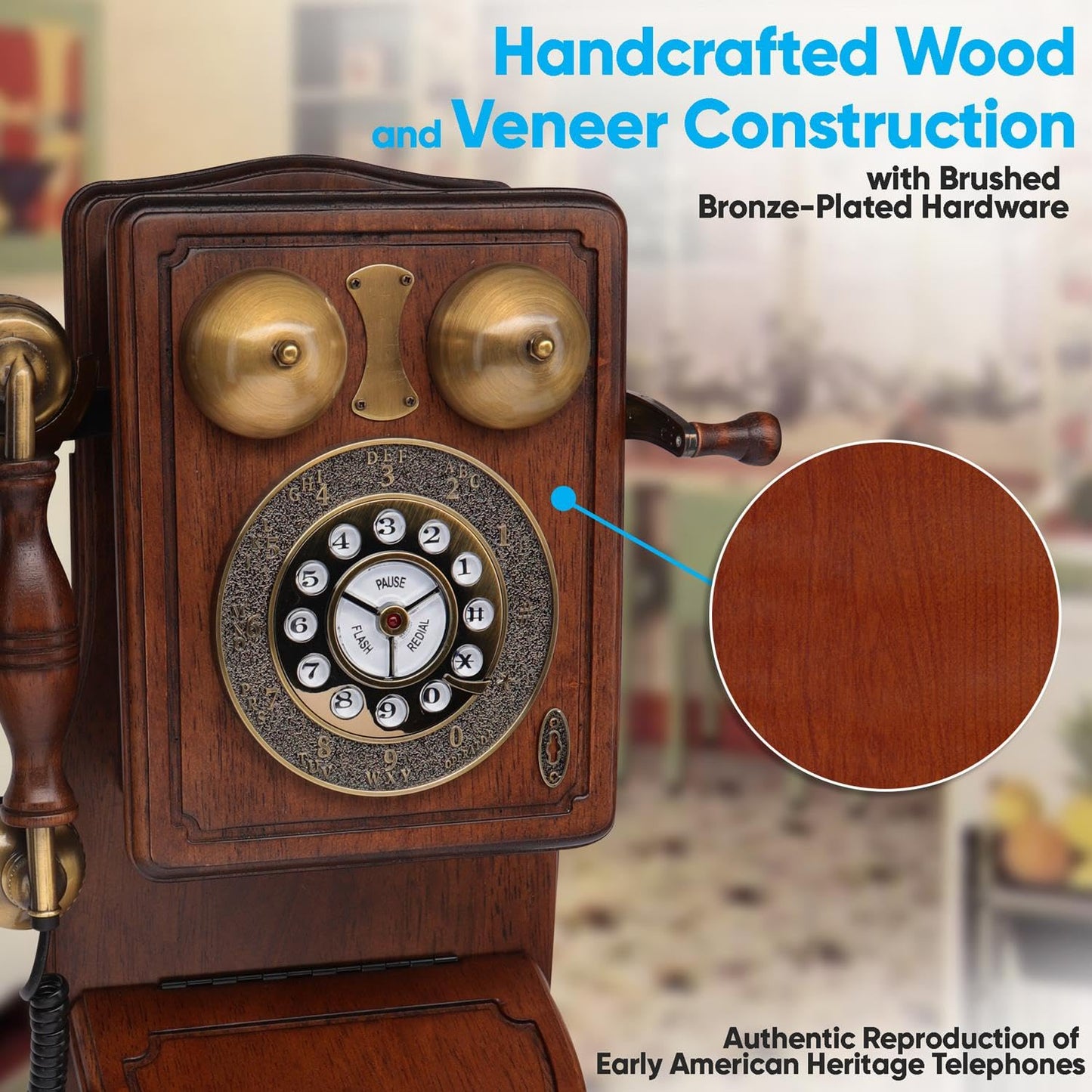 Pyle Vintage Classic Wall-Mount Corded Phone – Retro Design with Crank Handle, Tone/Pulse Switch, Redial Function, Handcrafted Wood & Veneer, Antique Landline Telephone