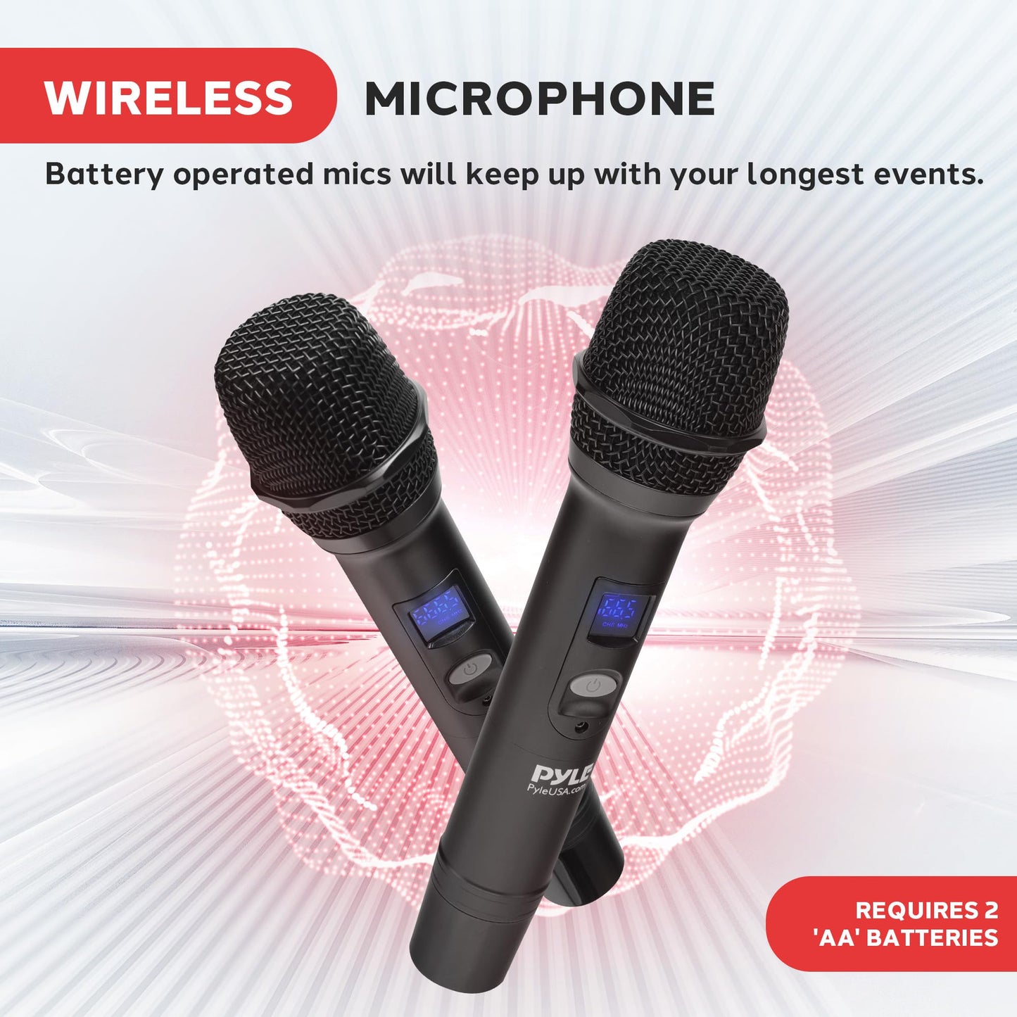Pyle UHF Wireless Microphone System - Portable Digital Audio Sound Mixer Receiver w/Bluetooth, 2 Handheld Mic, Receiver Base, Addressable Frequency, Great for Home Karaoke & Professional Use, Black