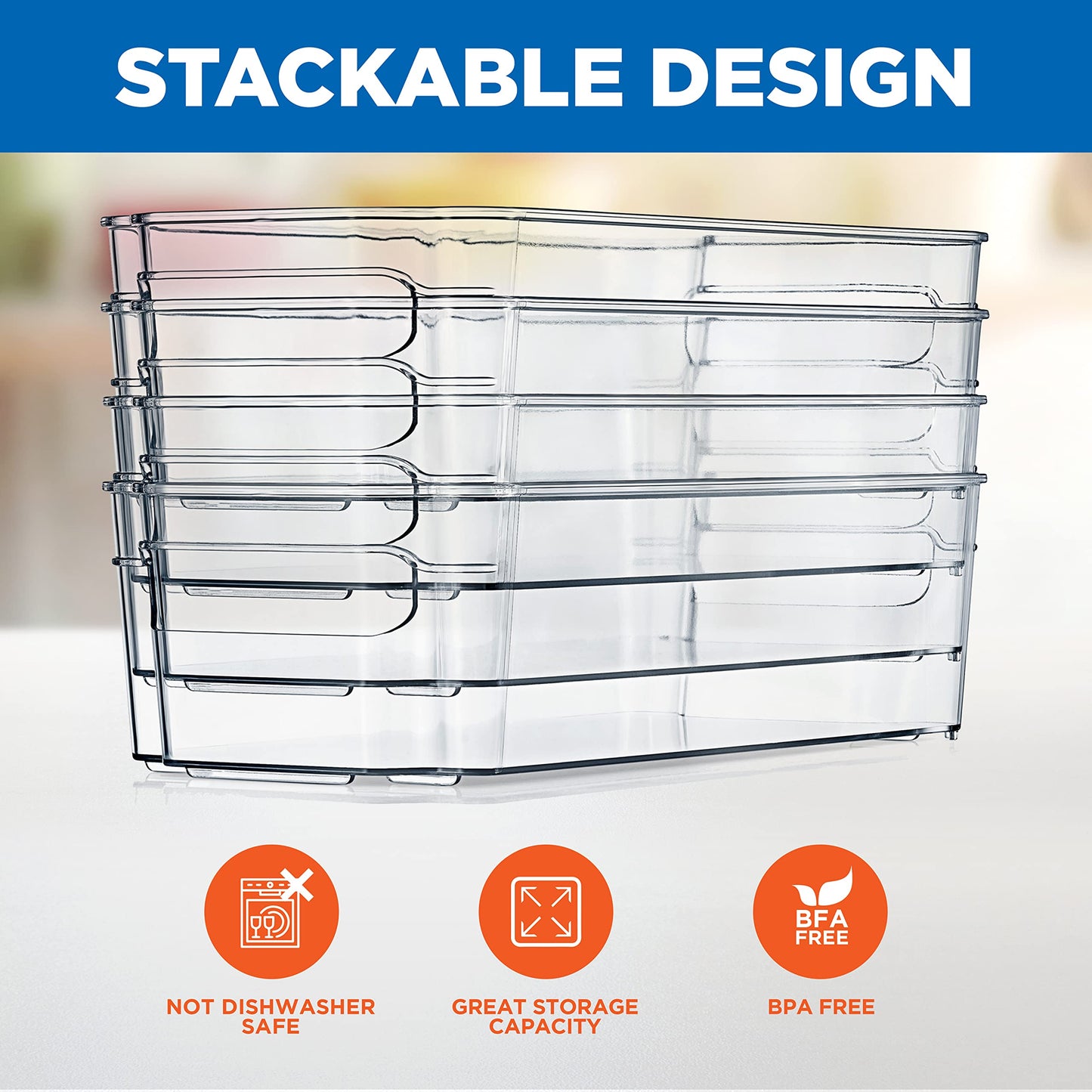 NutriChef 8-Piece Clear Refrigerator Organizer Bins – BPA-Free Fridge, Freezer, Pantry, Cabinet Storage Set (4 Wide & 4 Narrow Bins)