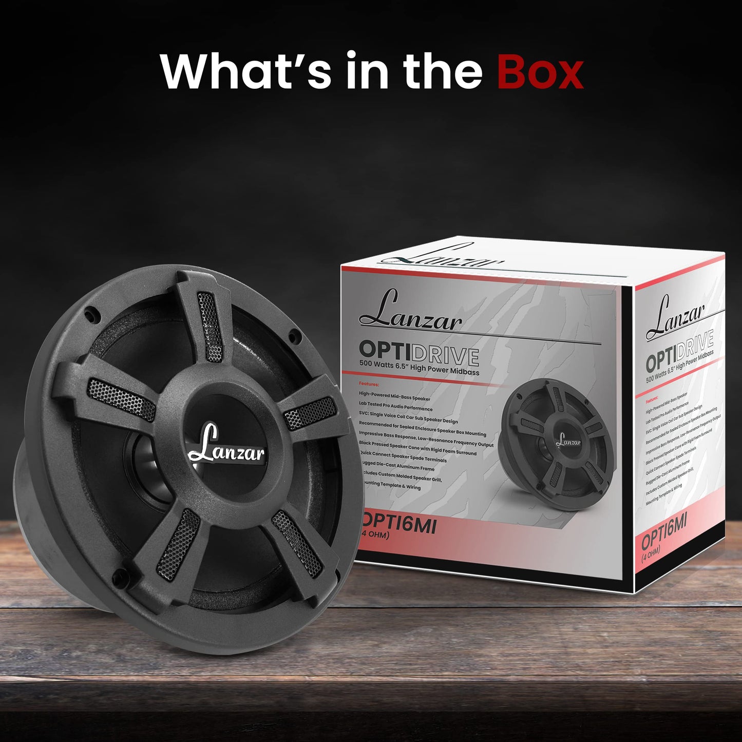 Lanzar Upgraded Opti Pro 6.5” High Power MidBass - Powerful 500 Watt Peak 105Hz – 12 kHz Frequency Response 30 Oz Magnet Structure 4 Ohm w/Paper Cone and Foam Surround Full Range Speaker - OPTI6MI