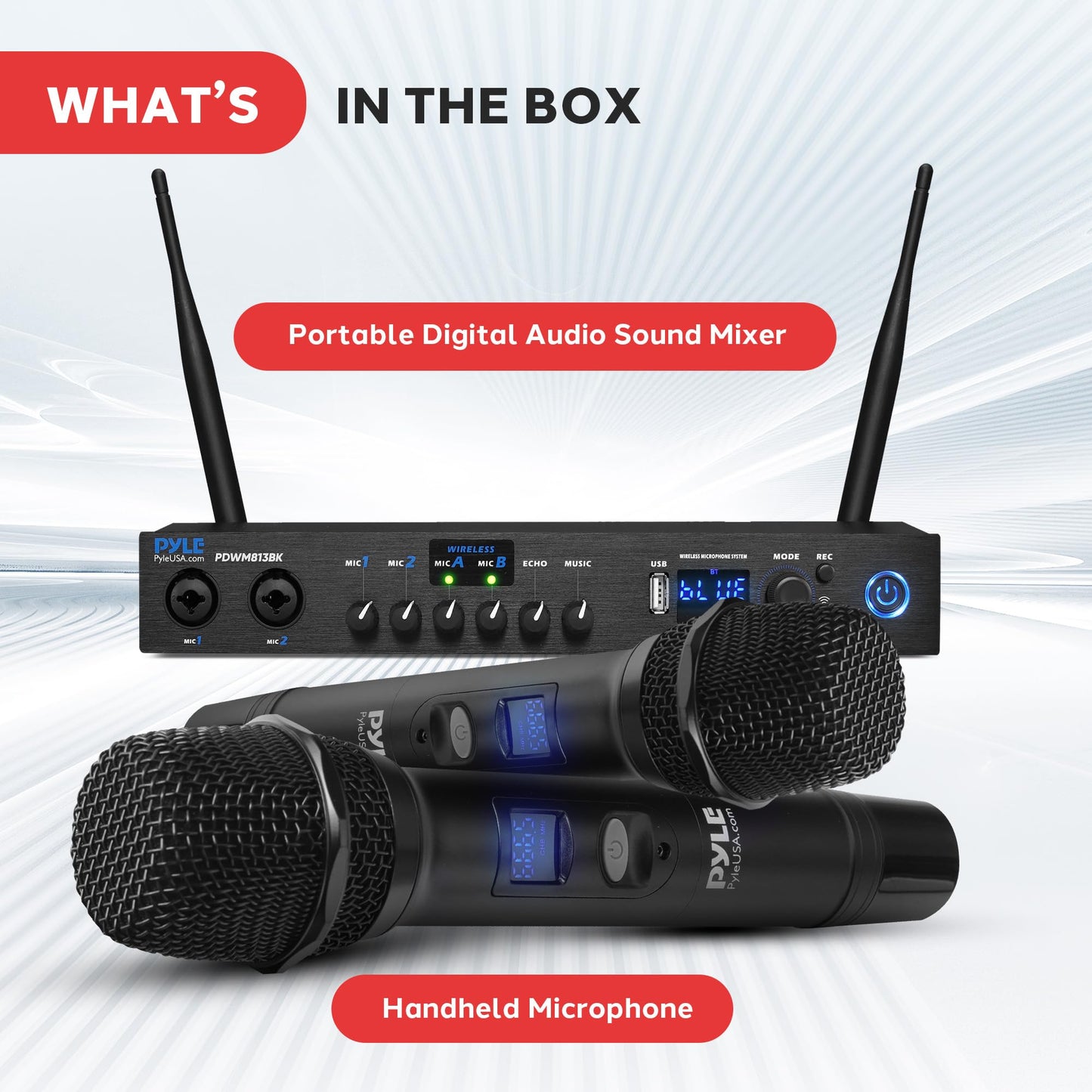 Pyle UHF Wireless Microphone System - Portable Digital Audio Sound Mixer Receiver w/Bluetooth, 2 Handheld Mic, Receiver Base, Addressable Frequency, Great for Home Karaoke & Professional Use, Black