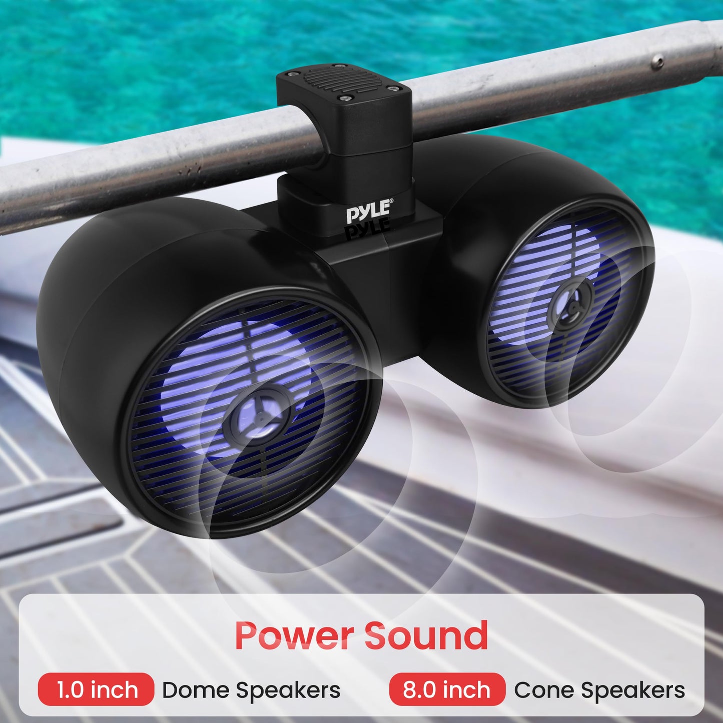 Pyle Dual Bluetooth Off-Road Speakers - 8” 300W 2-Way Marine Waterproof Wakeboard Tower Sound System w/LED Light, Full Range Outdoor Stereo Speaker for Car ATV Jeep Boat, Includes Brackets (Black)