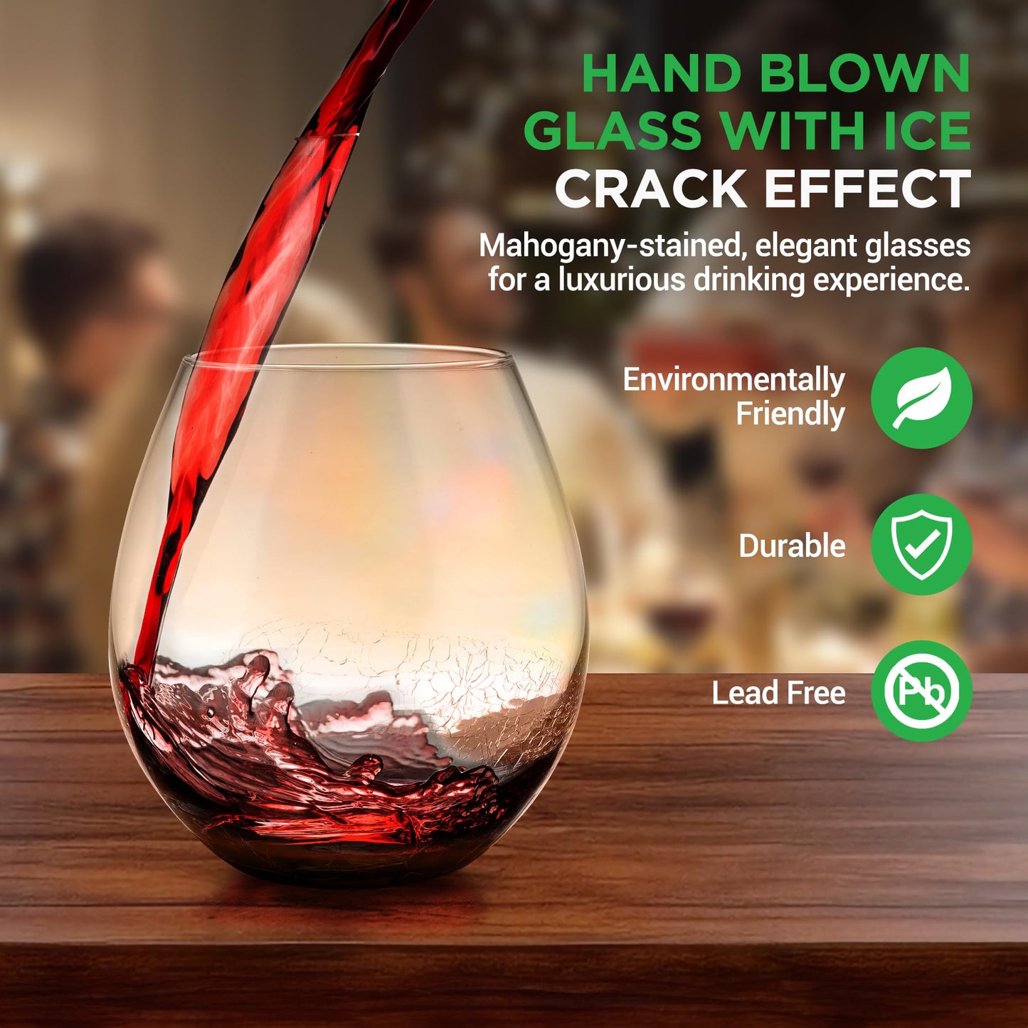 NutriChef Stemless 8 Wine Glasses 15 Ounces, Hand Blown Glasses for Home, Bar & Restaurant, Dishwasher Safe, Gift Set for Wine Lovers, Friends