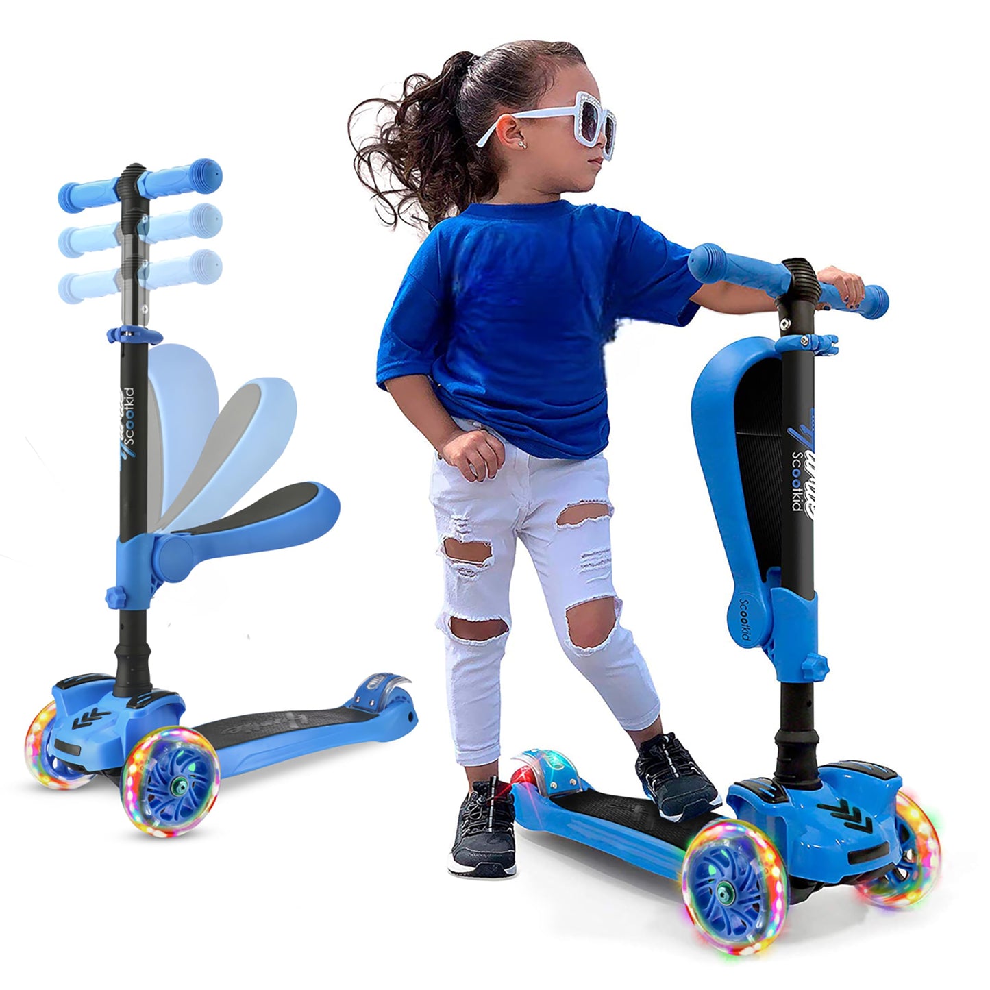 Hurtle 3-Wheeled Scooter for Kids - Wheel LED Lights, Adjustable Lean-to-Steer Handlebar, and Foldable Seat - Sit or Stand Ride with Brake for Boys and Girls Ages 1-14 Years Old - Blue