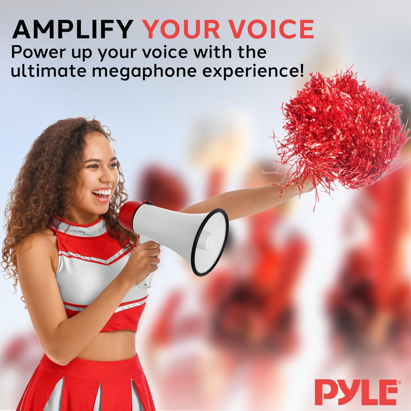 Pyle 20W Megaphone Bullhorn - Portable, Automatic Siren & Adjustable Volume,Projection Range Up to 400 Square Yards, Aux Input, Talk, Siren, Music, Whistle, & Record, Shoulder Strap (White-Red)