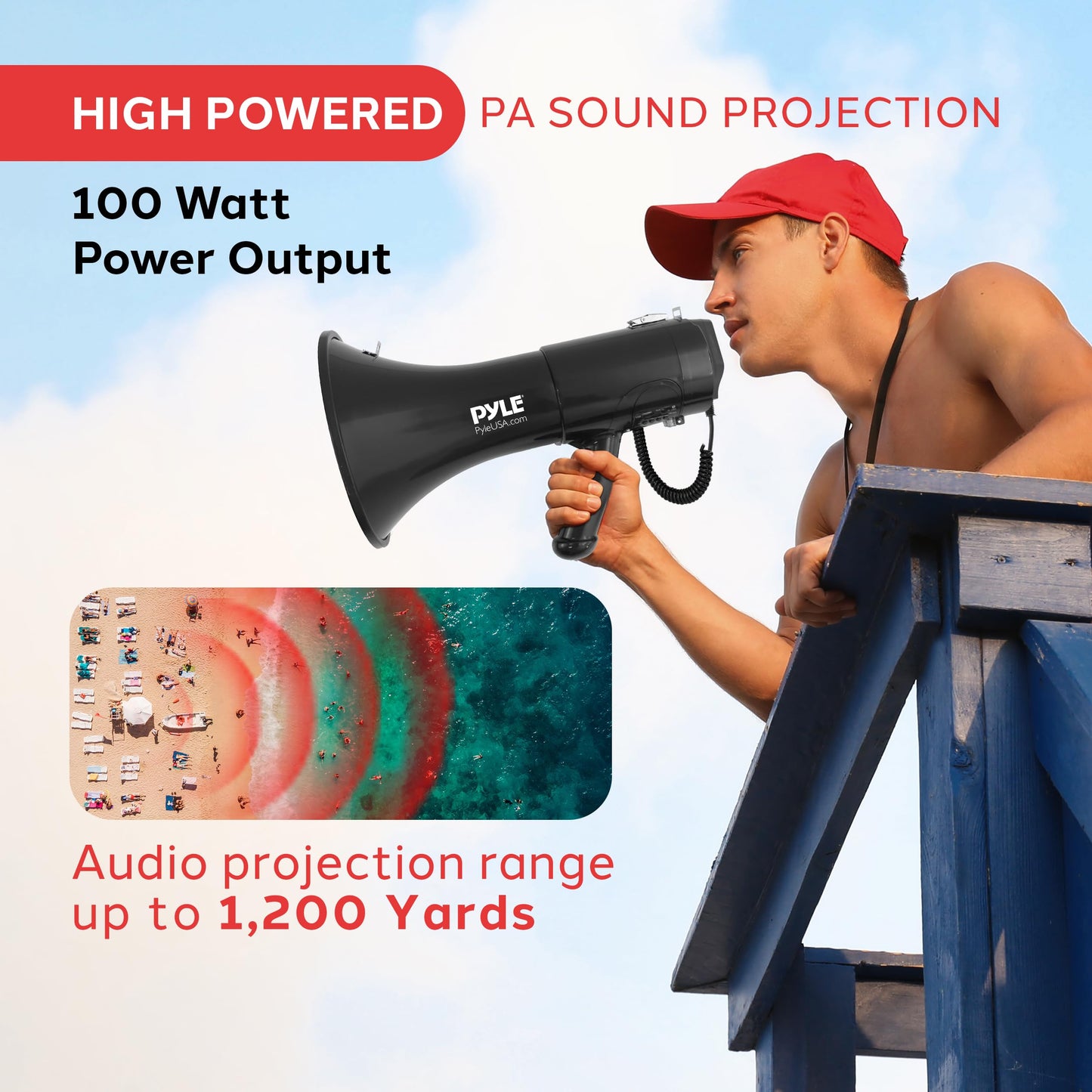 Pyle 100-Watt Square Megaphone Bullhorn, Lightweight and Portable Loudspeaker Horn with Aux (3.5mm) Input for MP3/Music, Automatic Siren, Whistle, MIC/Talk (Black), 1500 Square Yards Projection Range