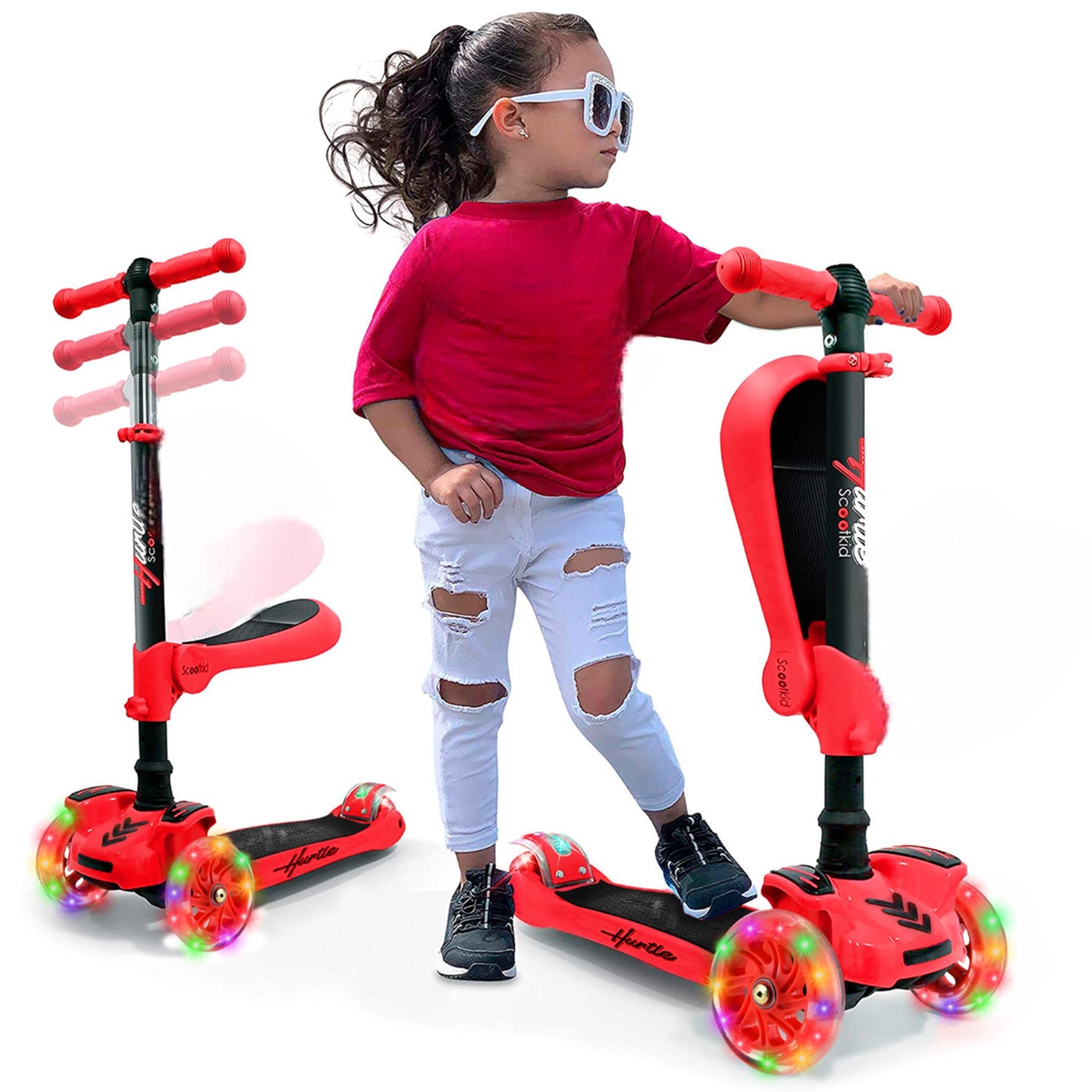 Hurtle 6 Wheeled Scooter for Kids - Stand & Cruise Child/Toddlers Toy Folding Kick Scooters w/Adjustable Height, Anti-Slip Deck, Flashing Wheel Lights, for Boys/Girls 2-12 Year Old - Hurtle