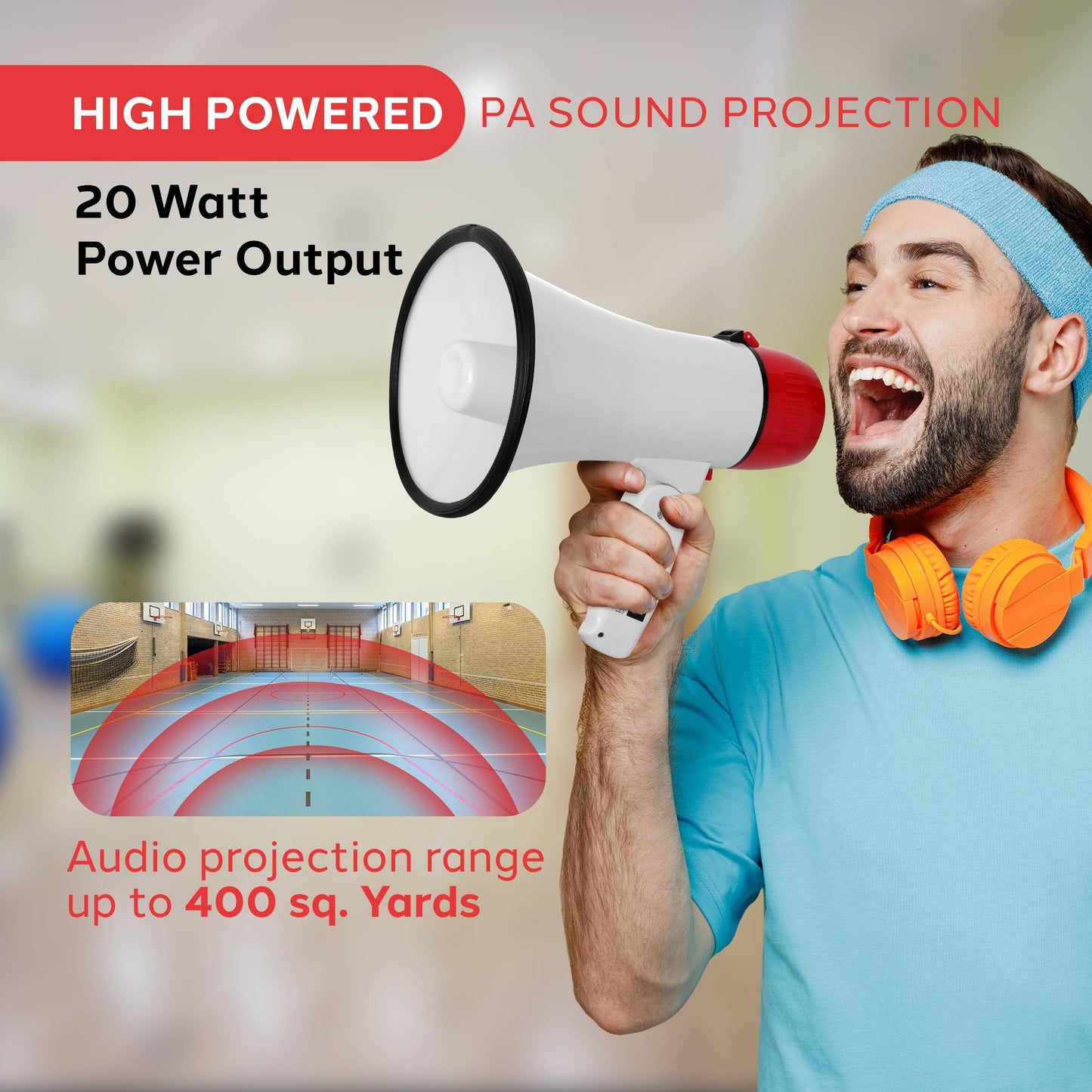 Pyle 20W Megaphone Bullhorn - Portable, Automatic Siren & Adjustable Volume,Projection Range Up to 400 Square Yards, Aux Input, Talk, Siren, Music, Whistle, & Record, Shoulder Strap (White-Red)