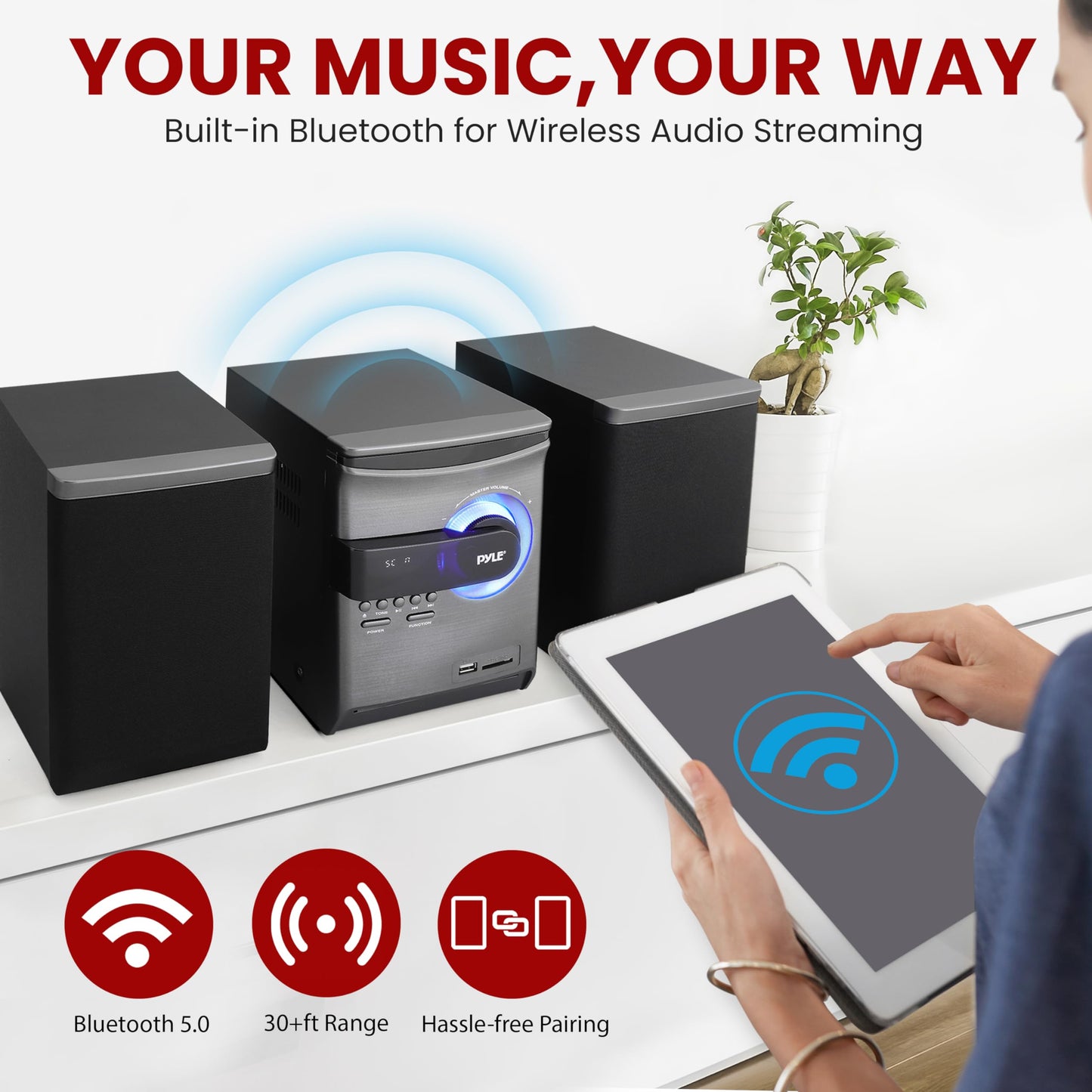 Pyle Home Stereo Shelf System - Powerful Wireless BT Streaming with CD Player, FM Radio, USB & SD Card Playback, 2-Way Music Crisp-Sound, Remote Control, Dual Stereo Speakers (Black), PHSKR24