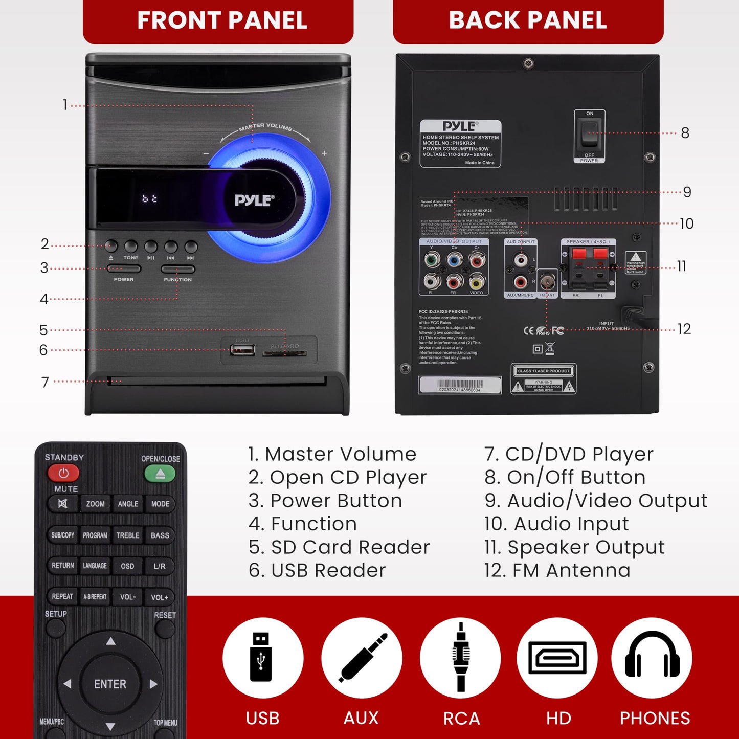 Pyle Home Stereo Shelf System - Powerful Wireless BT Streaming with CD Player, FM Radio, USB & SD Card Playback, 2-Way Music Crisp-Sound, Remote Control, Dual Stereo Speakers (Black), PHSKR24