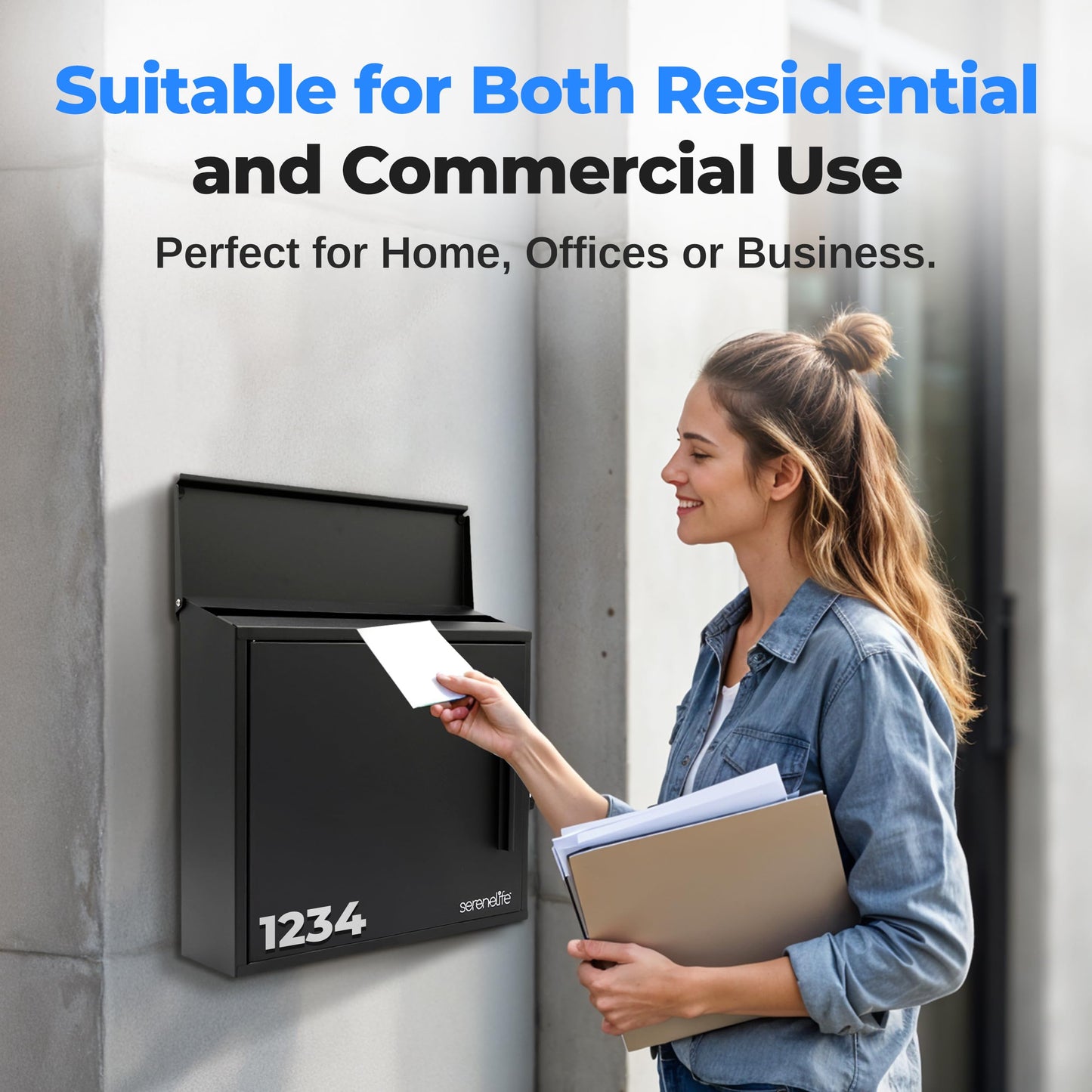 SereneLife Outdoor Wall Mailbox | 0.46 Cubic FT Locking Mailbox | Easy Installation, Secure Lock Mechanism | Ideal for Residential or Commercial Use | Wall Mountable 13.77" x 4.52" x 12.99 | Black