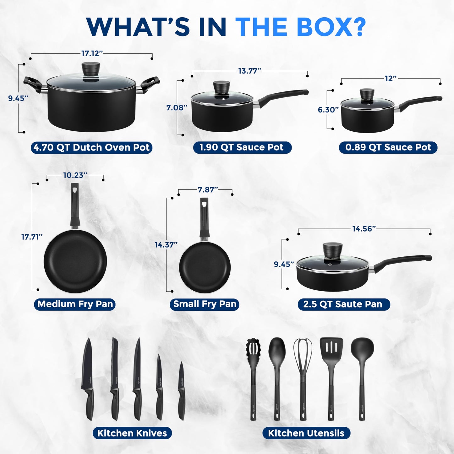 SereneLife Kitchenware Pots & Pans Basic Kitchen Cookware, Black Non-Stick Coating Inside, Heat Resistant Lacquer (20-Piece Set), One Size