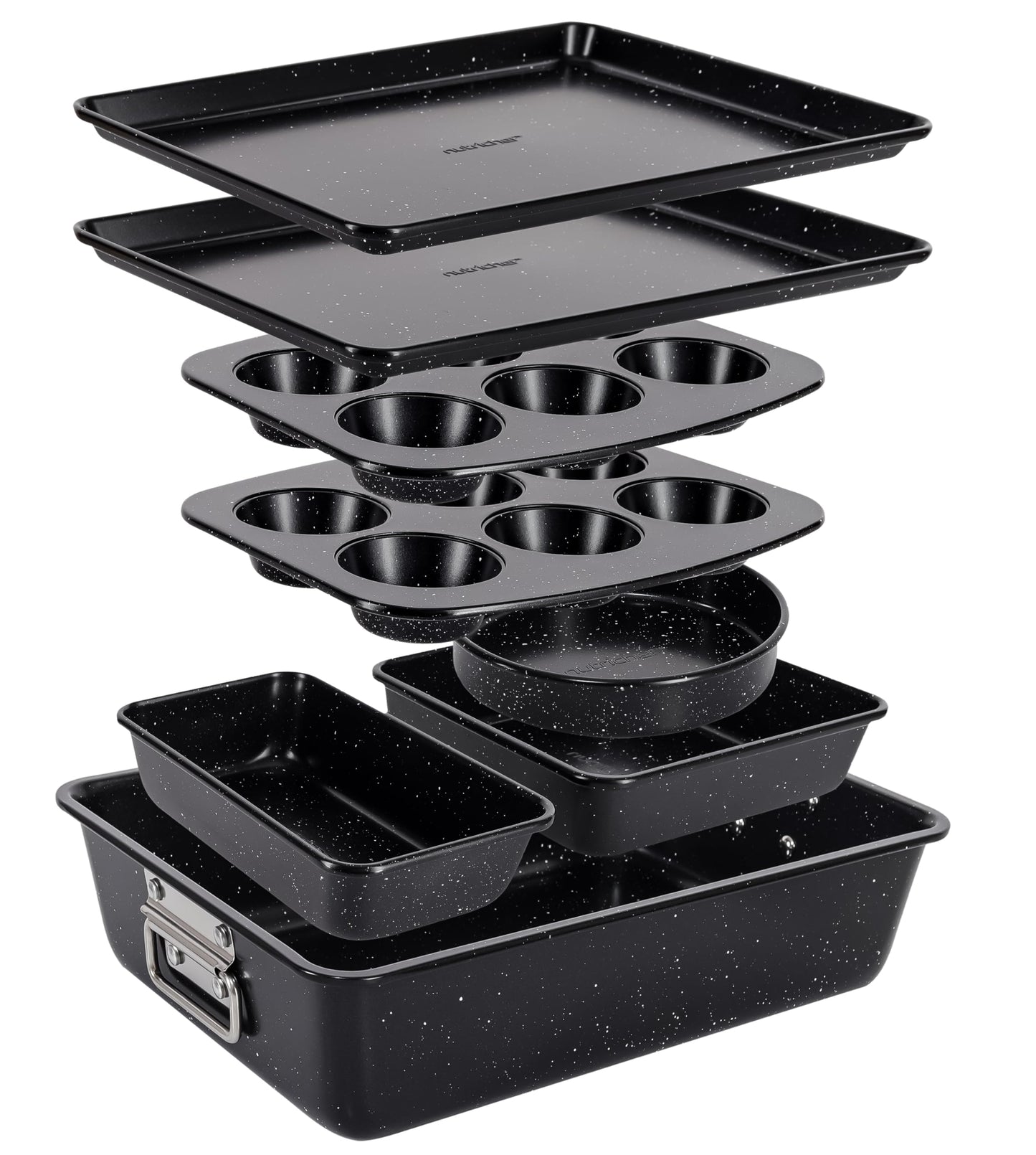 NutriChef 8-Piece Stackable Bakeware Set | Carbon Steel Non-Stick Baking Pan Set | Includes Sheet, Muffin, Round, Loaf, Square Cake & Deep Pans | No PFOA & PFOS | Oven Safe to 450 F (Black Marble)