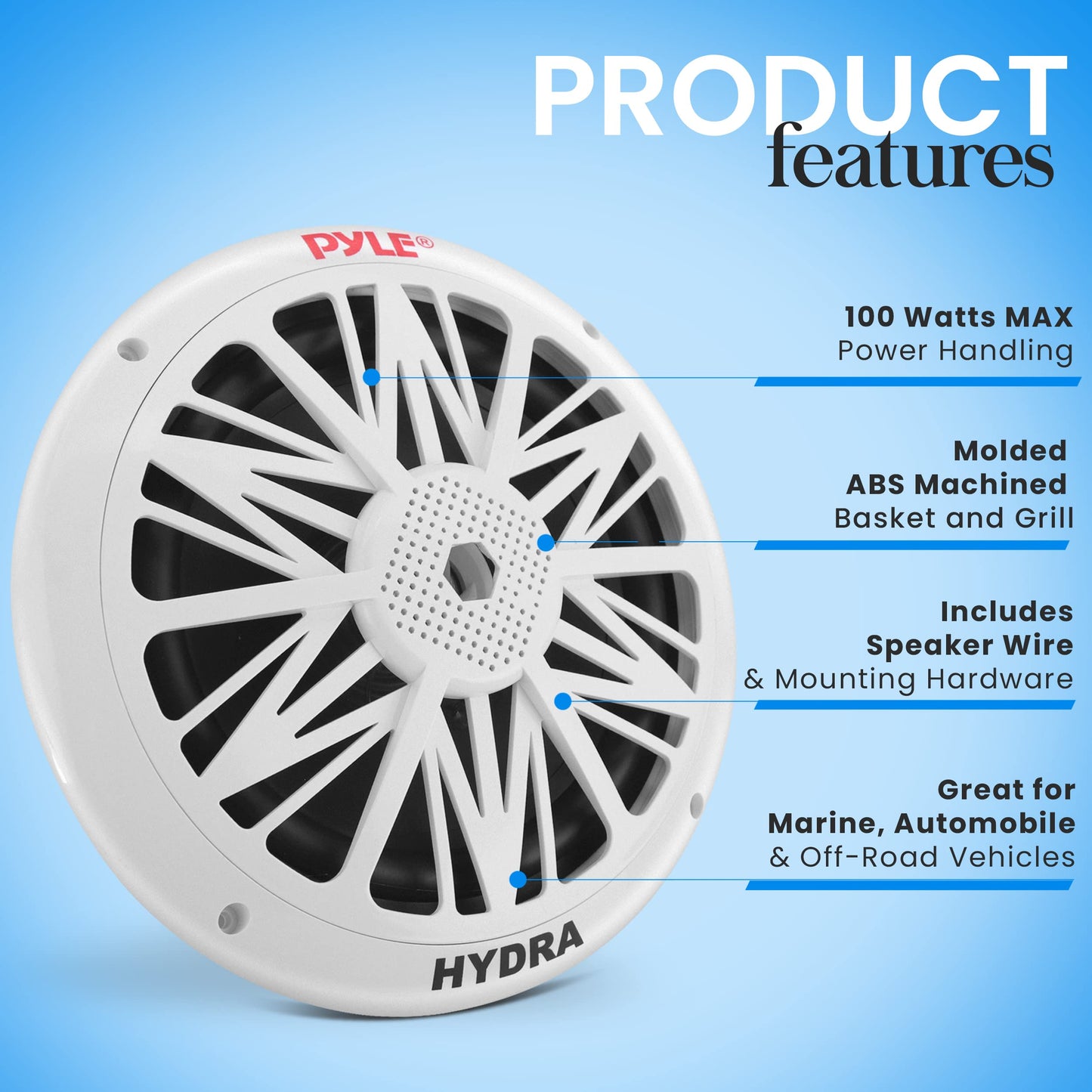 Pyle Marine Speakers, Waterproof, Weather Resistant, 8 Inch Dual, 10 Inch Outer Frame, 300 Watt Power, Poly Carbon Cone, Cloth Surround, Includes Mounting Hardware and Wires, White, PLMR82