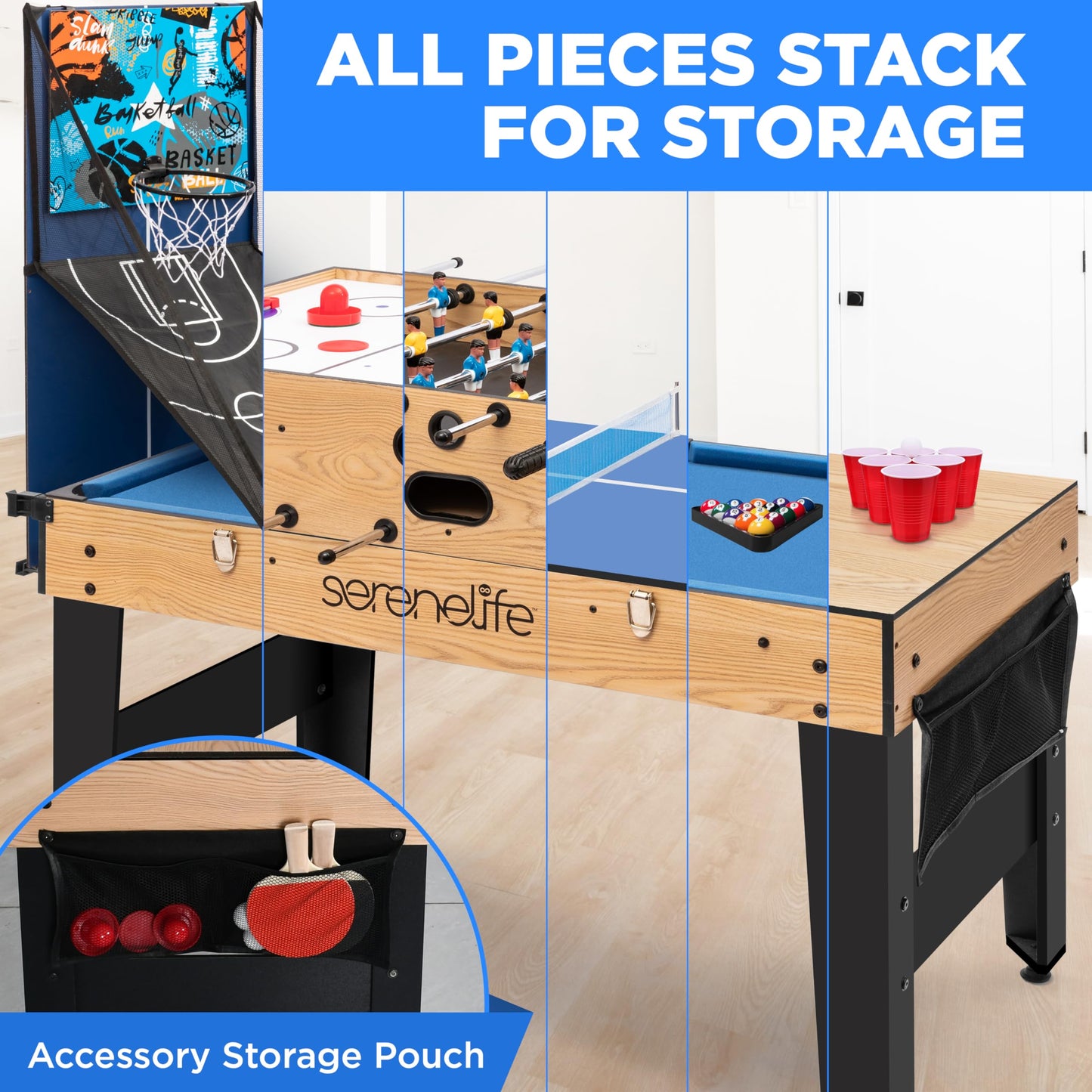 SereneLife 48" 6-in-1 Multi Game Table, Full-Size Indoor and Outdoor Arcade Sports Table with Pool, Air Hockey, Foosball, Basketball, Table Tennis, Dining Table, for Family, Kids, Adults