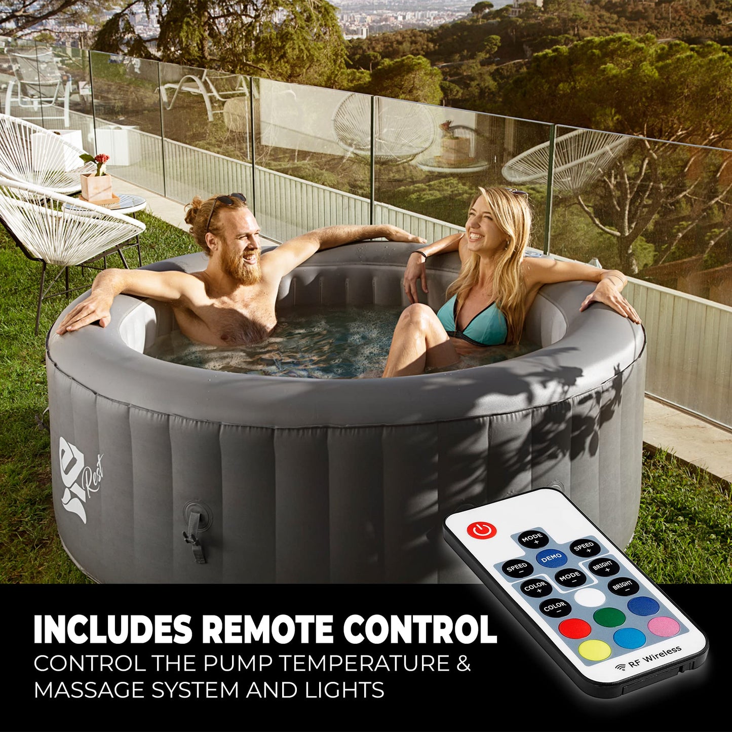 SereneLife Outdoor Portable Hot Tub - 71" x 25'' 4-Person Round Inflatable Heated Pool Spa with 100 Bubble Jets, Filter Pump, Cover, LED Lights, and Remote Control