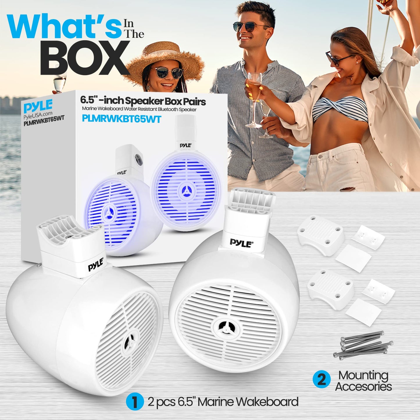 Pyle Bluetooth Waterproof Off-Road Speakers - 6.5” 200W 2-Way Marine Wakeboard Tower Sound System w/ LED Light, Full Range Outdoor Stereo Speaker for Car ATV UTV, Jeep, Boat, Includes Brackets (White)