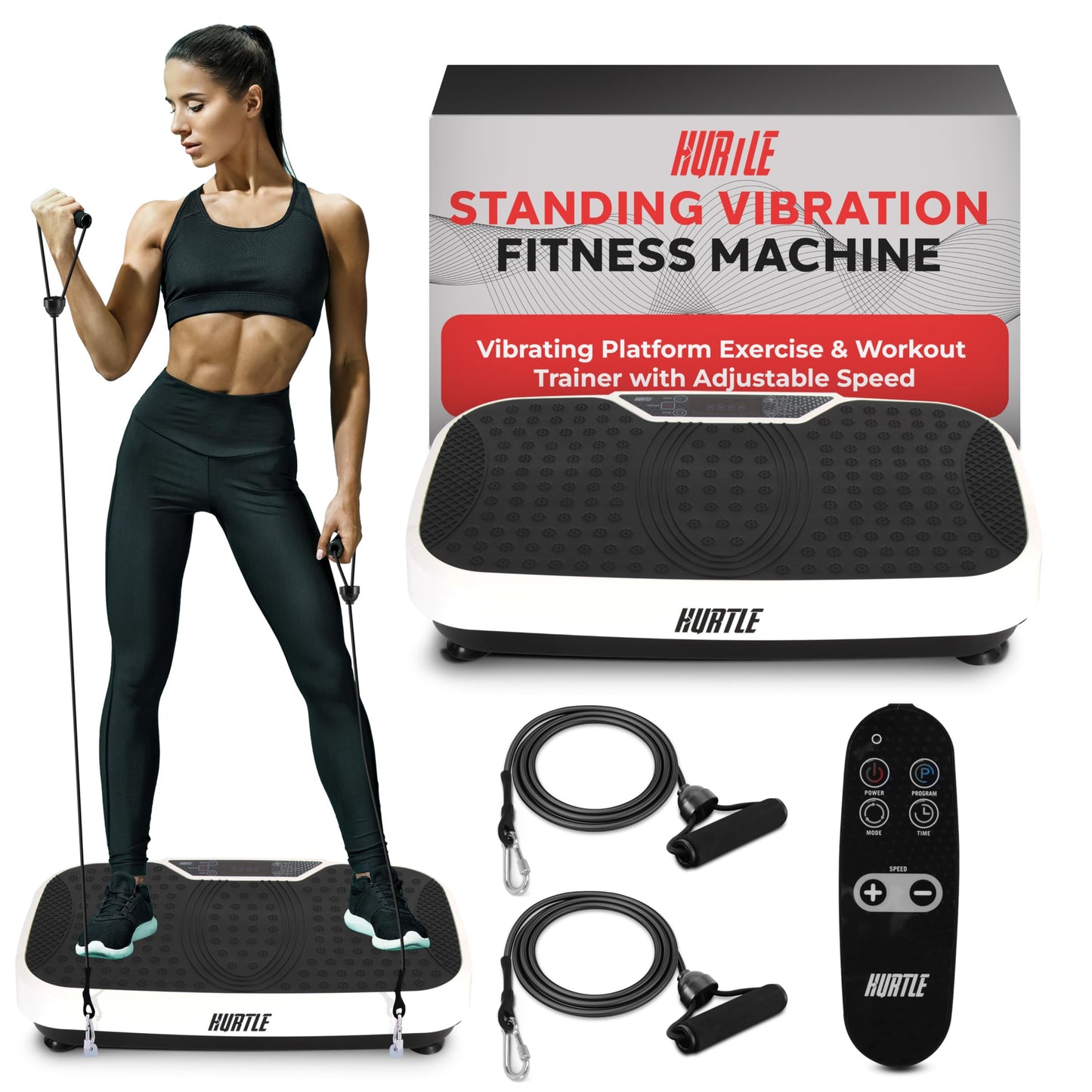 Hurtle Fitness Vibration Platform Machine - Home Gym Whole Body Shaker Exercise Machine Workout Trainer Fast Weight Loss w/ Resistance Bands, Easy Carry Wheel Remote, Adjustable Speed