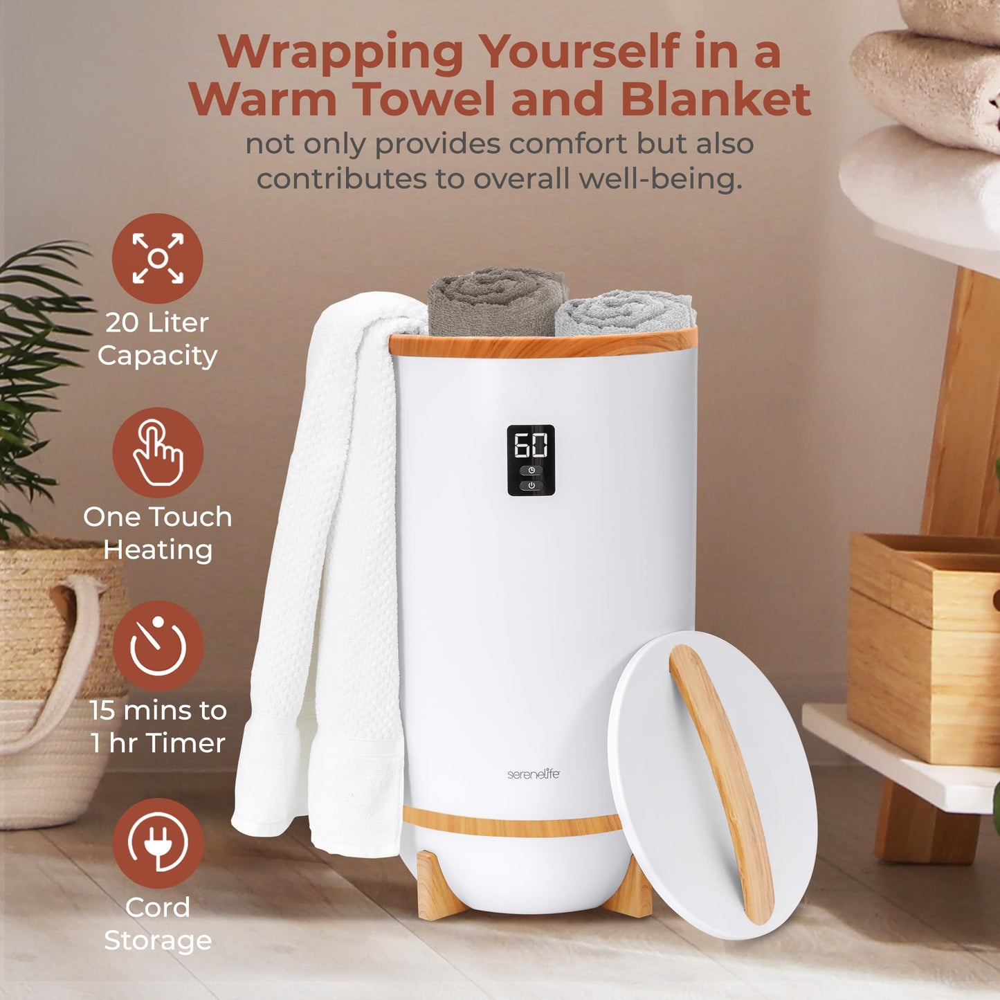 SereneLife Towel Warmers Bucket, with Customized Fragrance for Spa and Bathroom, Luxury Towel Heater Gifts for Him & Her, Auto Shut off, Fits 2 large Towels, Blankets, Bathrobes, PJ's (Bamboo)