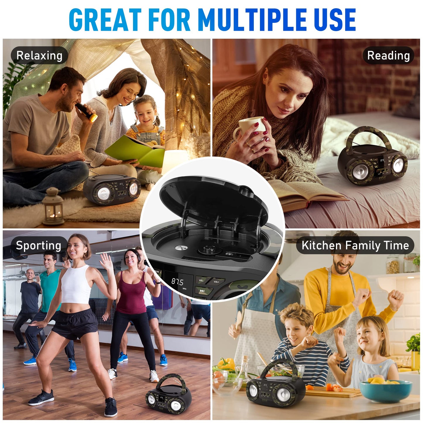 PYLE CD PLAYER PORTABLE, CD PLAYERS FOR HOME, PORTABLE CD PLAYER - 50 Watts Max Power, Bluetooth 5.0, AM/FM Stereo Radio, USB/AUX Input, Battery/AC Powered, Camouflage Design, Includes AC/DC Cord