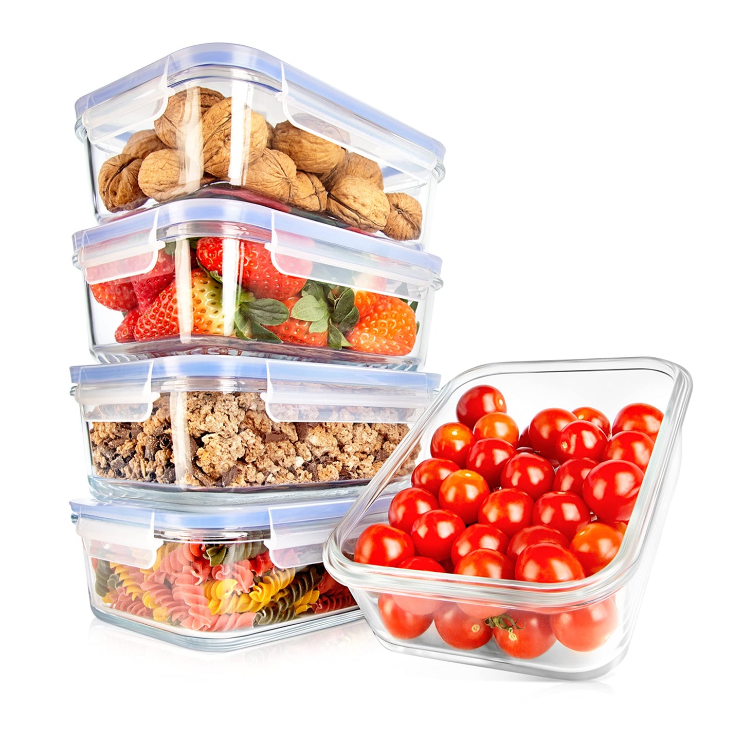 NutriChef 10-Piece Superior Glass Food Storage Containers Set (5 Containers + 5 Locking Lids),Stackable Meal-prep Design, BPA-free Airtight Clear Locking lids with Vent Lids & Air Hole, Blue