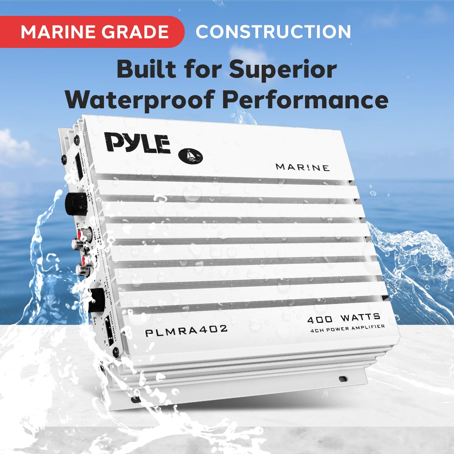 Pyle Hydra Marine 400W 4-Channel Amplifier - Waterproof with Dual MOSFET Power Supply - GAIN level Controls - RCA Input - LED Indicator - Compact Design for Boat/Vehicle Audio - PLMRA402
