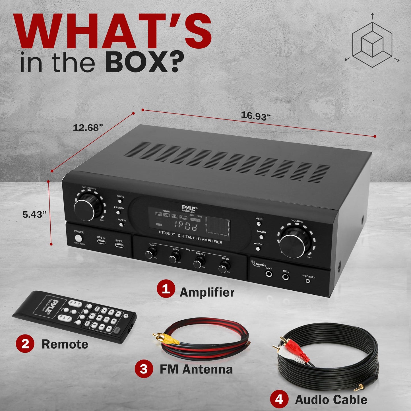 Pyle 500W 2-Channel Home Theater Amplifier Receiver - Bluetooth 5.3 - Wireless - MP3/USB/FM - 2 Mic Inputs with Echo/ Bass/ Treble Controls - RCA In/Out - for Streaming & Karaoke - PT90UBT
