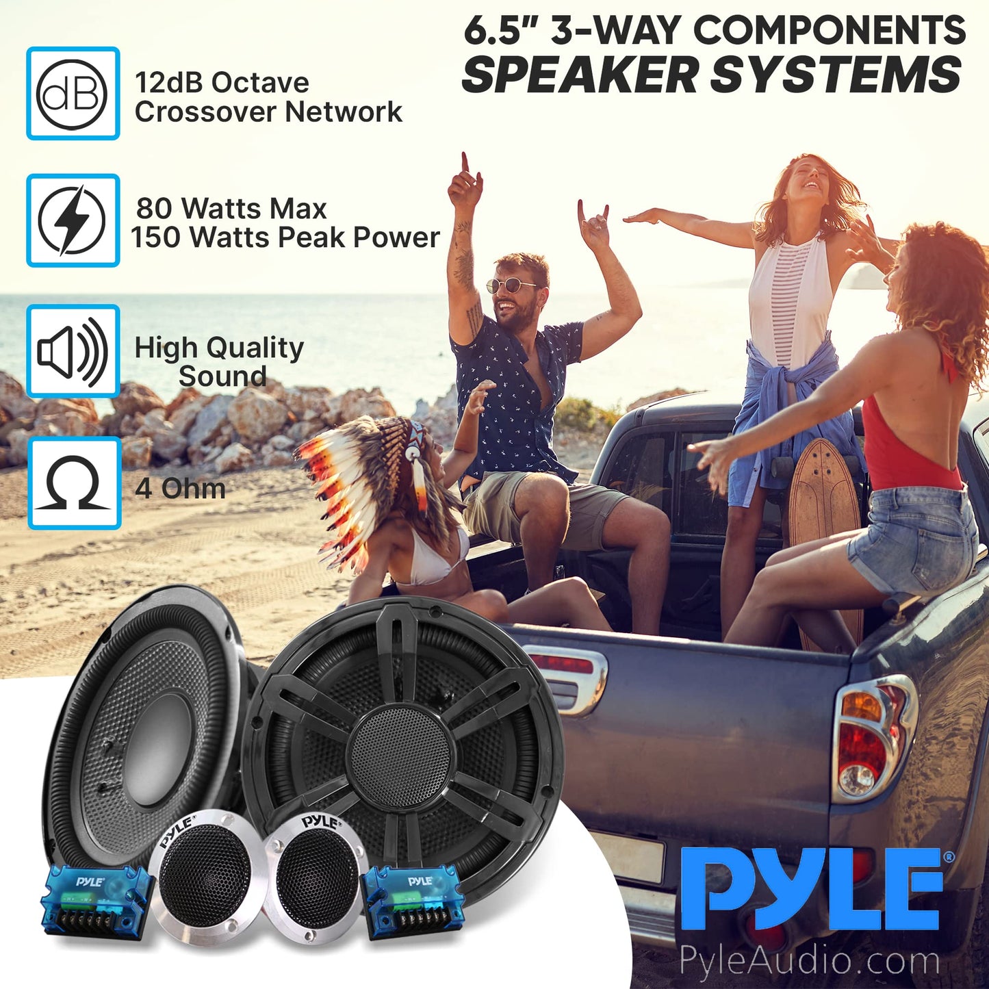 Pyle 6.5" Component Speakers for Car Audio - 2 Pair Kit Includes Pair of Crossover Networks and 1'' Aluminum Tweeters, Injection Cone with Rubber Edge - PLD63C