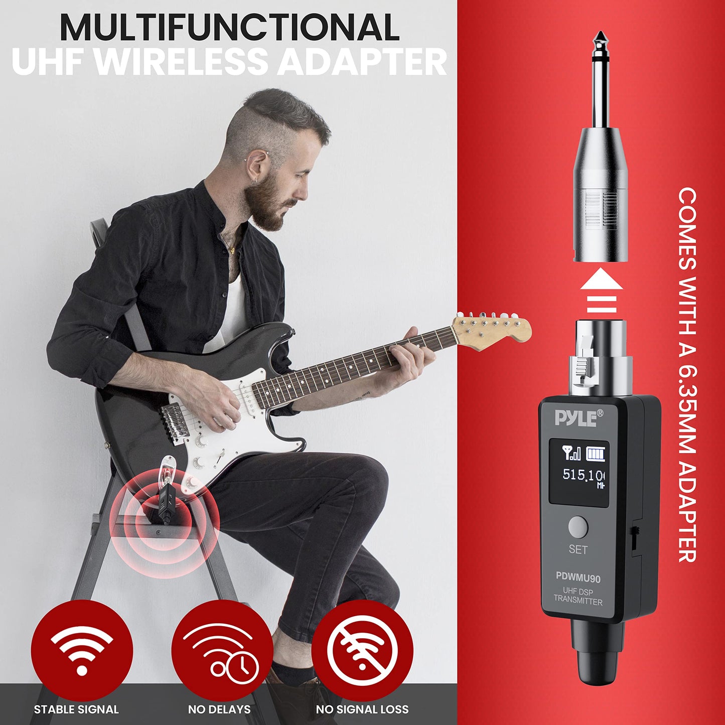 Pyle Multifunctional UHF Wireless XLR Adapter System,Transmitter And Receiver For Dynamic Microphones And Music Sources,48k Frequency Signal Transmission,USB Recharge Capable,90 Feet Range,Dark Gray