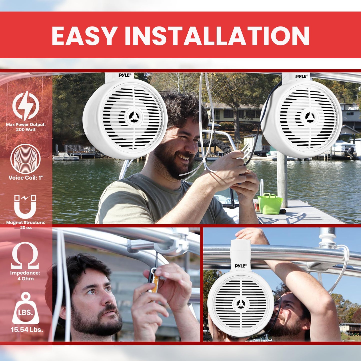 PyleUsa 6.5” Waterproof Off-Road Speakers - 200W 2-Way Marine Wakeboard Tower Sound System w/ LED Light, Full Range Outdoor Stereo Speaker for Car, ATV, UTV, Jeep, Boat, Includes Brackets (White)