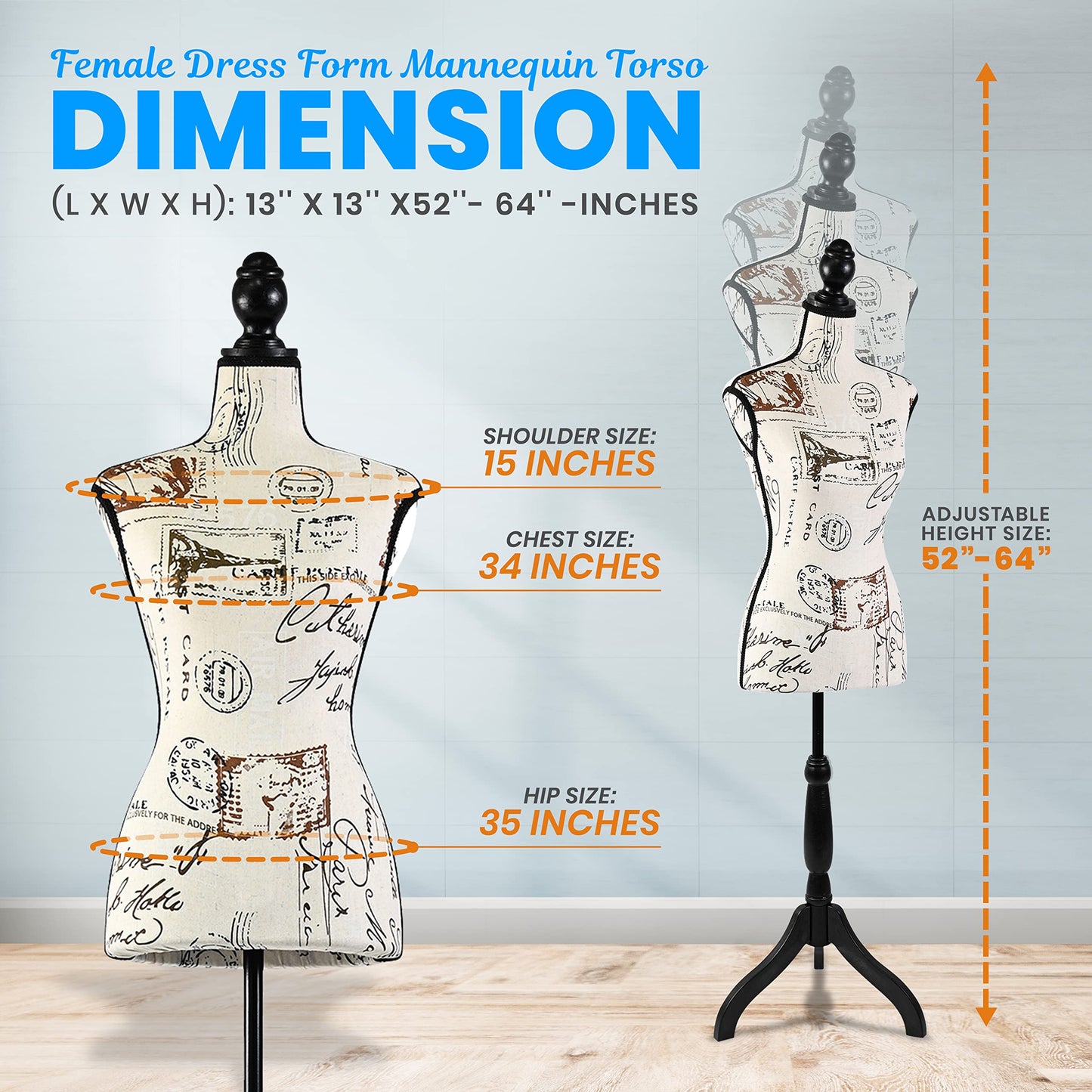 SereneLife Female Torso Mannequin Display - Sturdy and Durable, Adjustable Dress Form (52-64"), Lightweight, Easy-to-Assemble, Stable Tripod Stand, Smooth Surface for Retail Clothing Display