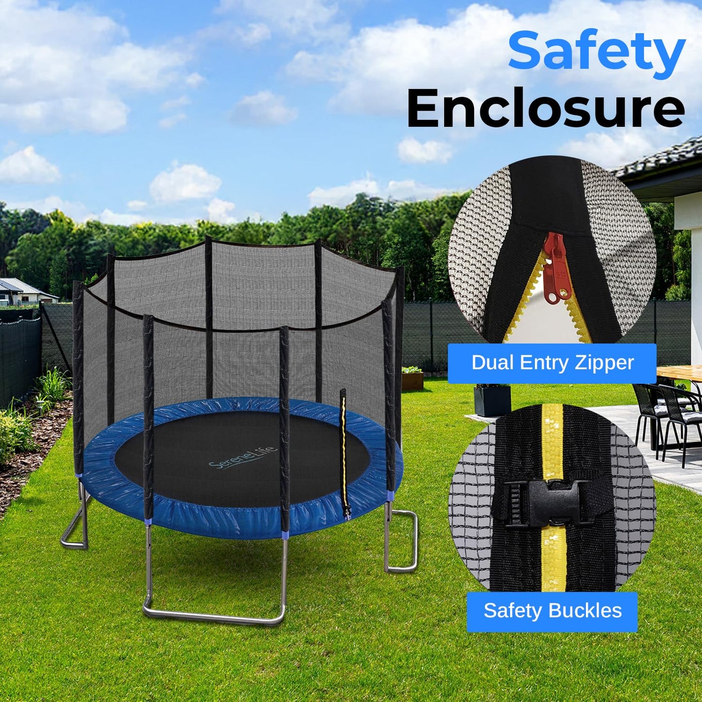 SereneLife 12FT Trampoline Outdoor – Heavy-Duty Backyard Trampoline for Kids and Adults with Wide Jumping Surface, Stable L-Shaped Legs, Safety Net, ASTM Approved, Supports 264 lbs., 144 x 106 IN
