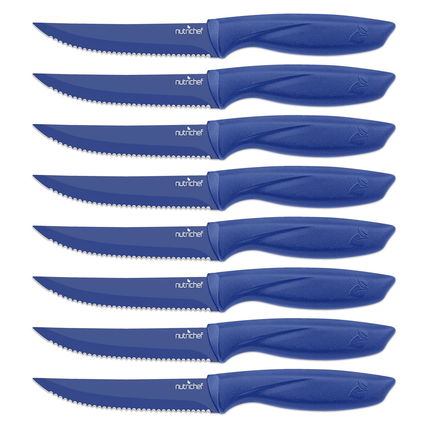 NutriChef 8 Piece Kitchen Knife Set - Multi-purpose Unbreakable Ergonomic Non-stick Stainless Steel Kitchen Steak Knives Set with Fully Serrated Blades - Great for BBQ Grill - NCSK8BU,Blue