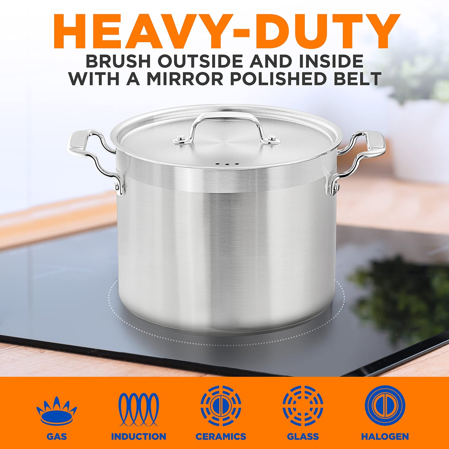 NutriChef 14 Quart Stock Pot with Lid - Heavy Duty Stainless Steel, Induction Ready, Ergonomic Handles