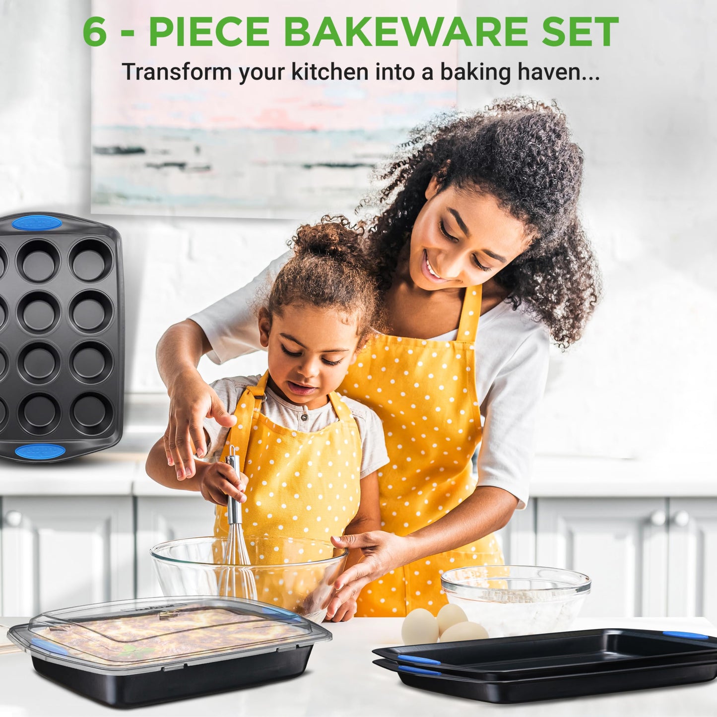 NutriChef Nonstick Bakeware Set of 6, Baking Pan with Cookie Sheets, 12-cup Muffin & Loaf pan – Easy to Clean, Oven Safe, Durable Warp Resistance Carbon Steel Pan Set for Baking, Roasting, & Cooking