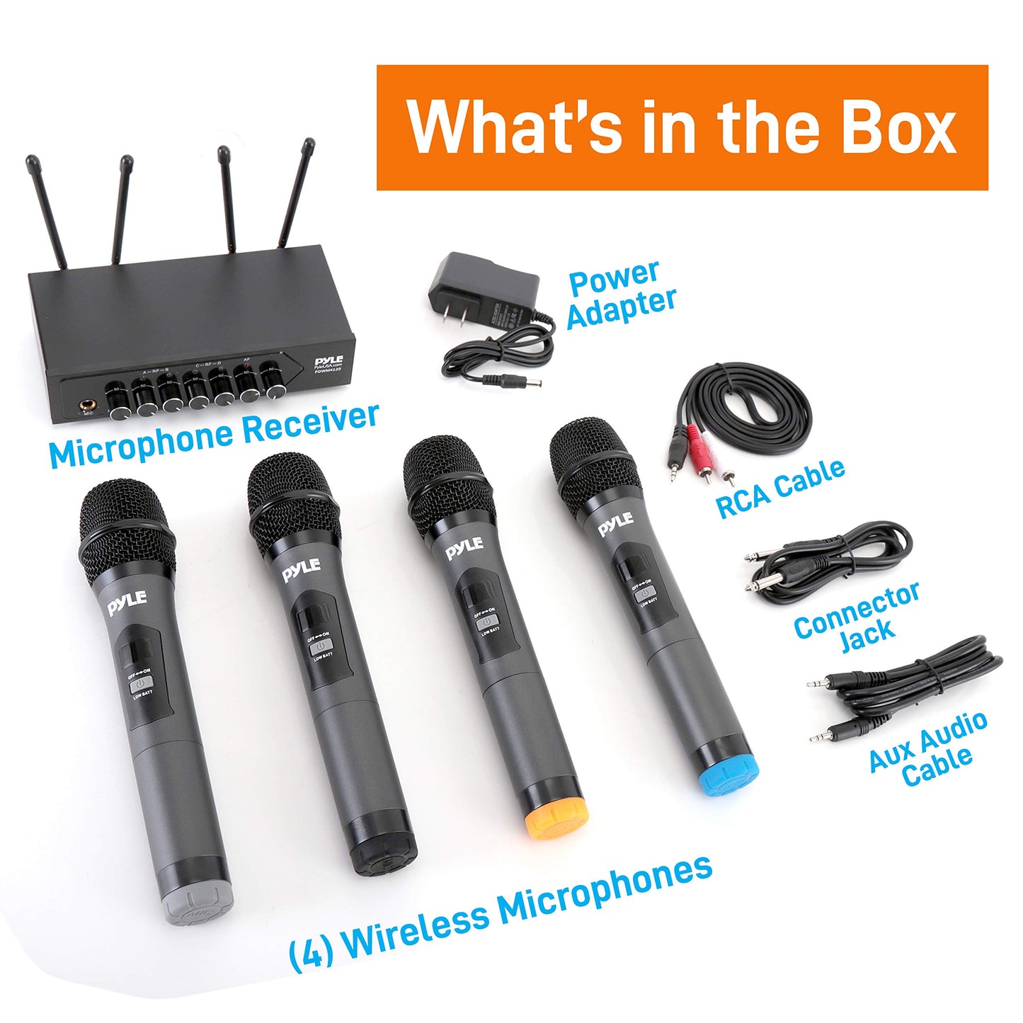 Pyle UHF Wireless Microphone System - PA Public Address Mic System with 4 Handheld Wireless Mics 50 Selectable UHF Channels, Bluetooth Music Streaming for Karaoke-Style Vocals, Battery-Operated