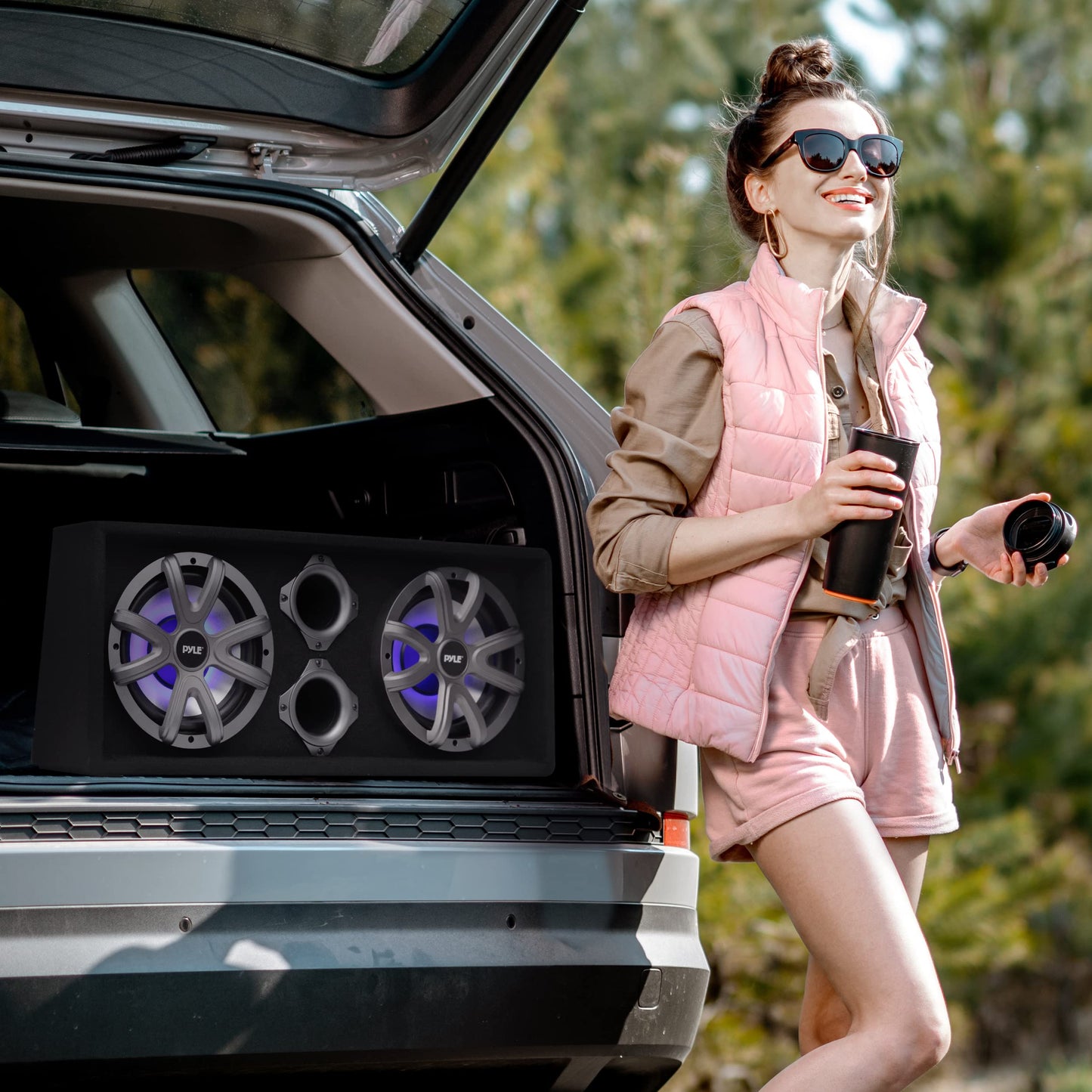 PyleUsa 8" Dual Subwoofer Box System - 400-Watt Slim Mount Truck Audio Subwoofer Box - Rear Vented Design with Built-in Illuminating LED Lights, 2x400 Watts Max Power