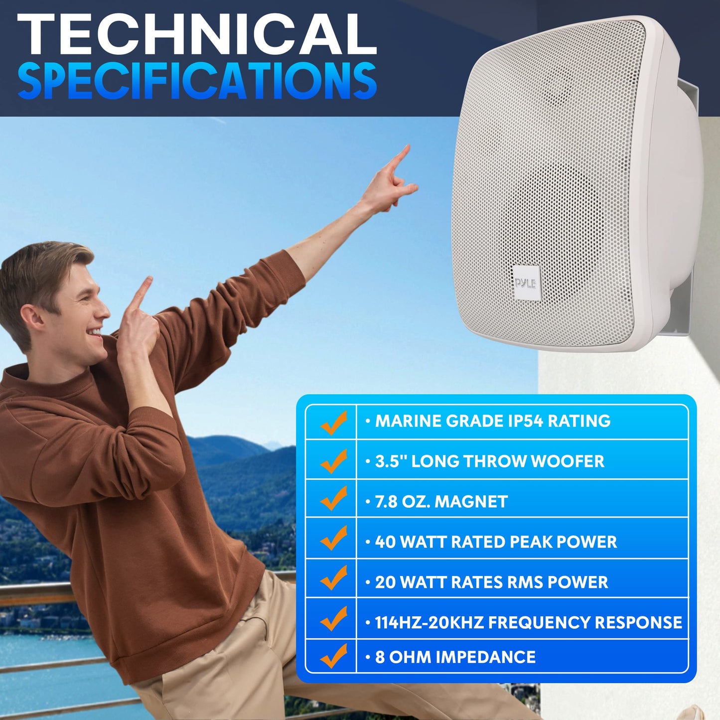 Pyle Outdoor Waterproof Patio Speaker - 3.5" 2-Way Weatherproof Wall/Ceiling Mounted Dual Speaker w/Heavy Duty Grill, w/Transformer Adjuster, Universal Mount, in/Outdoor Use PDWR445TW (White)
