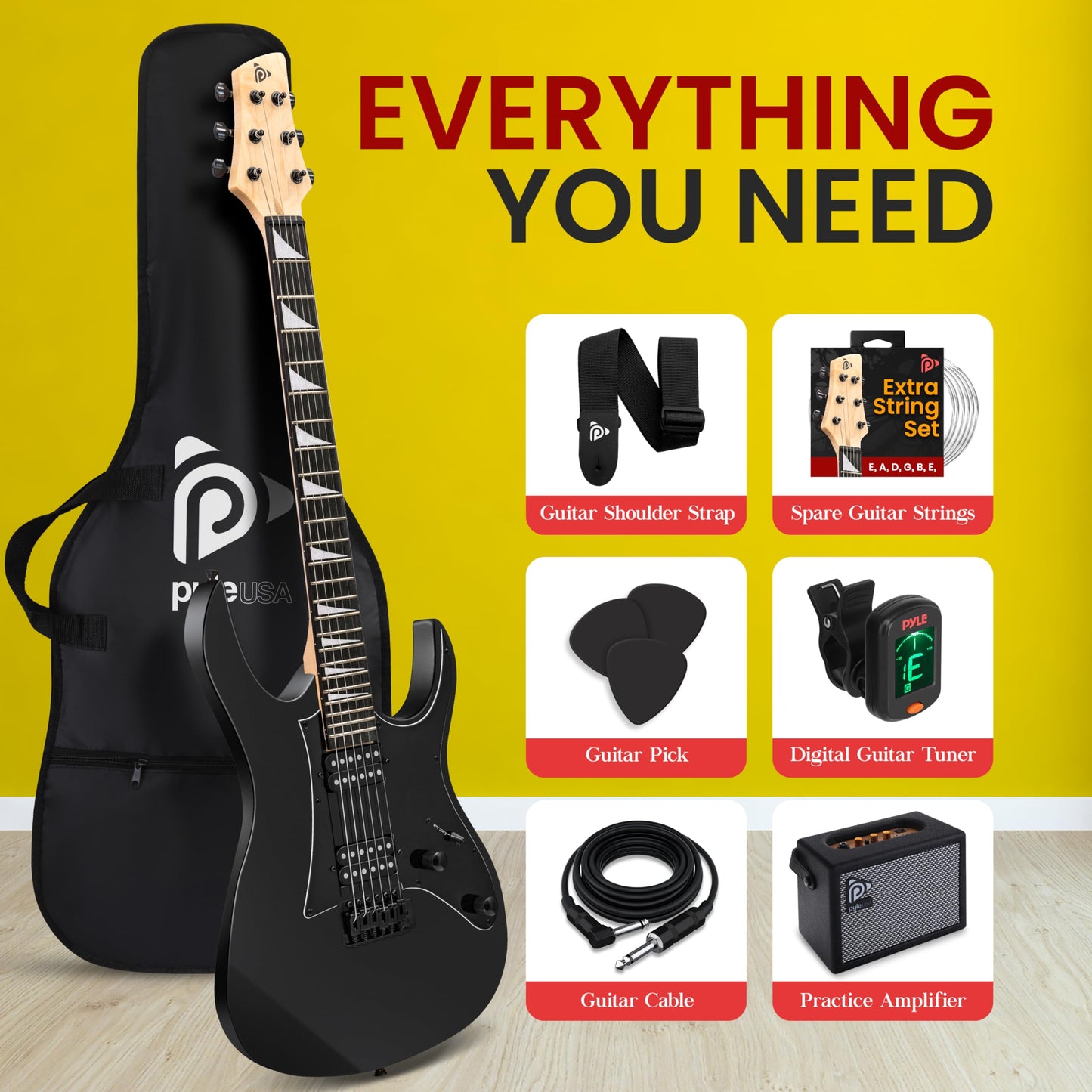 Pyle Prog Rock EG Series Electric Guitar with Amp Kit, 39" Full Size with Dual Humbucker Pickups, Low Profile Neck and Solid Paulownia Body, Premium Accessory Kit Included (Black Matte)