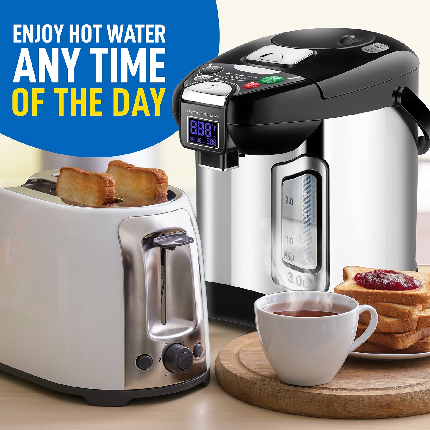 NutriChef Digital Water Boiler and Warmer - 3L/3.17 Qt Stainless Electric Hot Water Dispenser w/ LCD Display, Rotating Base, Keep Warm, Auto Shut Off, Safety Lock, Instant Heating for Coffee & Tea