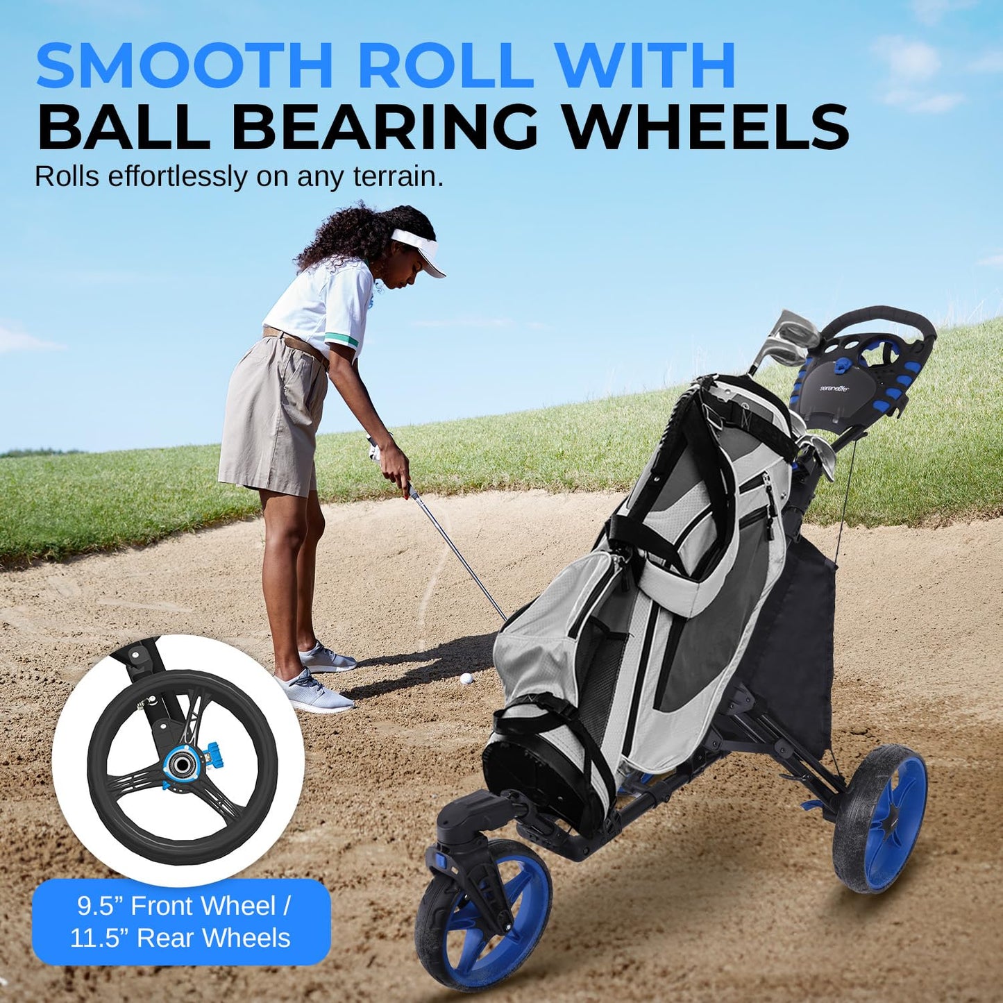 SereneLife Premium Foldable Golf Push Cart 3 Wheel – Lightweight Aluminum Frame, Front Swivel Control, Dual Brake, Cup Holder, Scorecard Holder, Golf Cart Bag Push Trolley