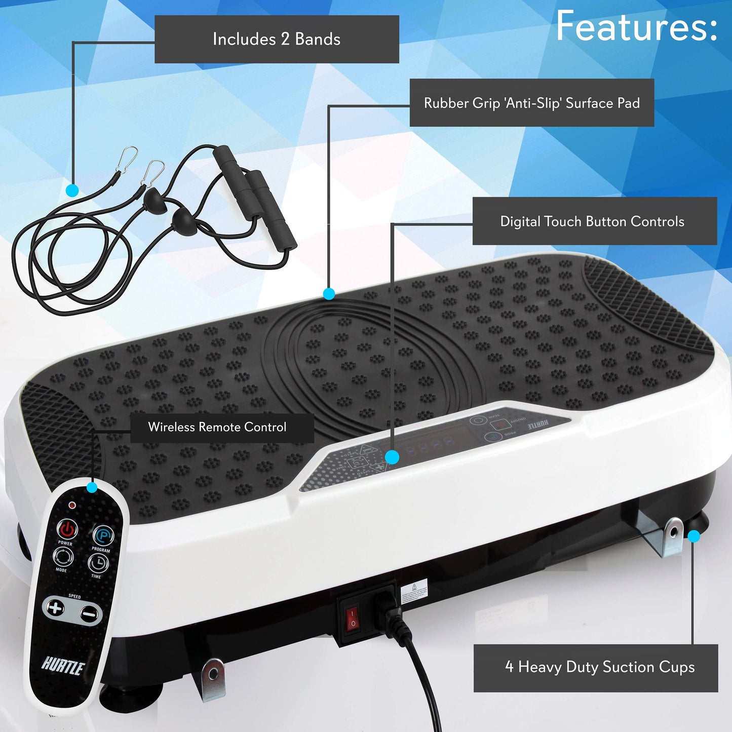 Hurtle Fitness Vibration Platform Machine - Home Gym Whole Body Shaker Exercise Machine Workout Trainer Fast Weight Loss w/ Resistance Bands, Easy Carry Wheel Remote, Adjustable Speed