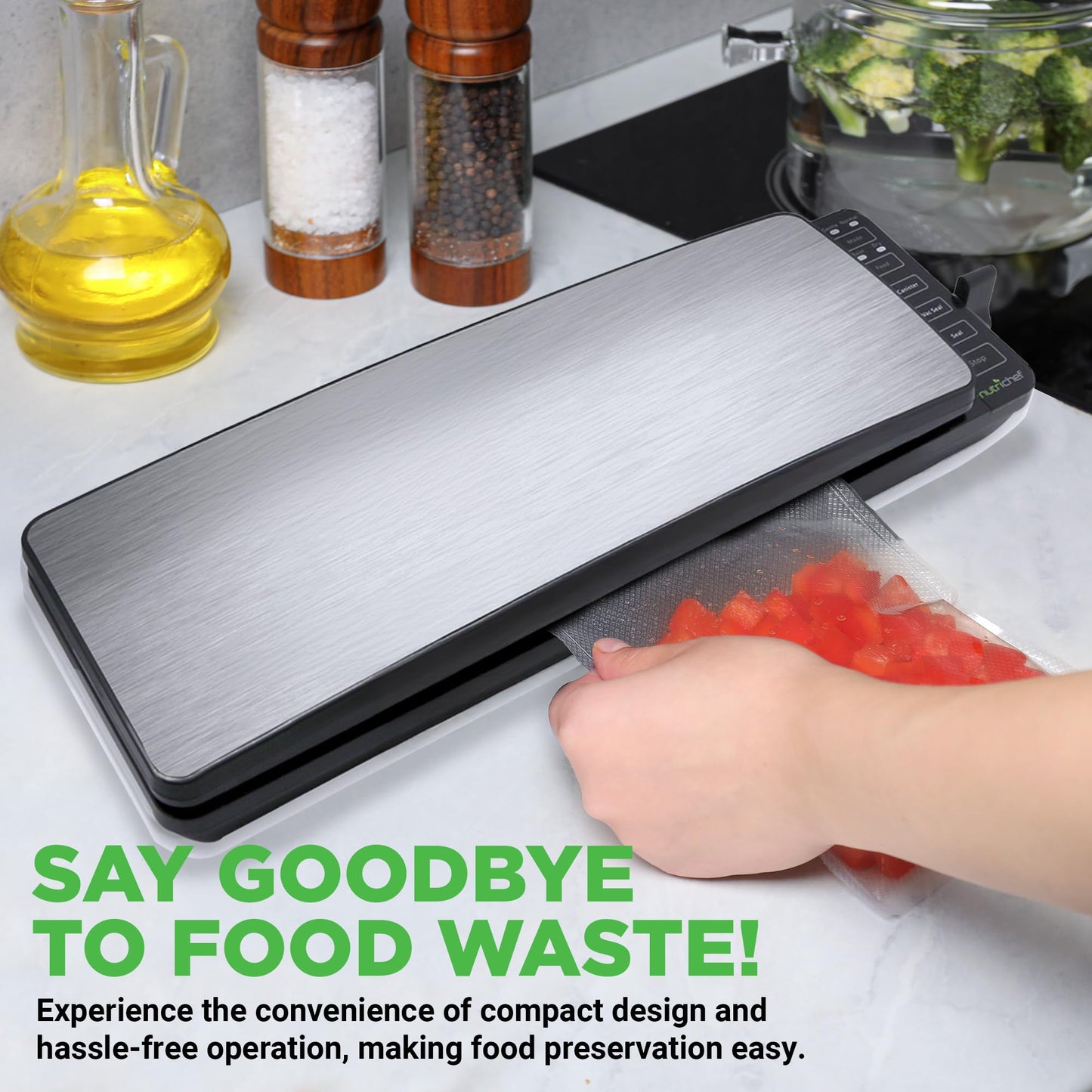 NutriChef Automatic Food Vacuum Sealer System - 110W Suction Power w/ 2 Seal Modes, Includes Vac Roll Bags, Air Hose - PKVS35STS