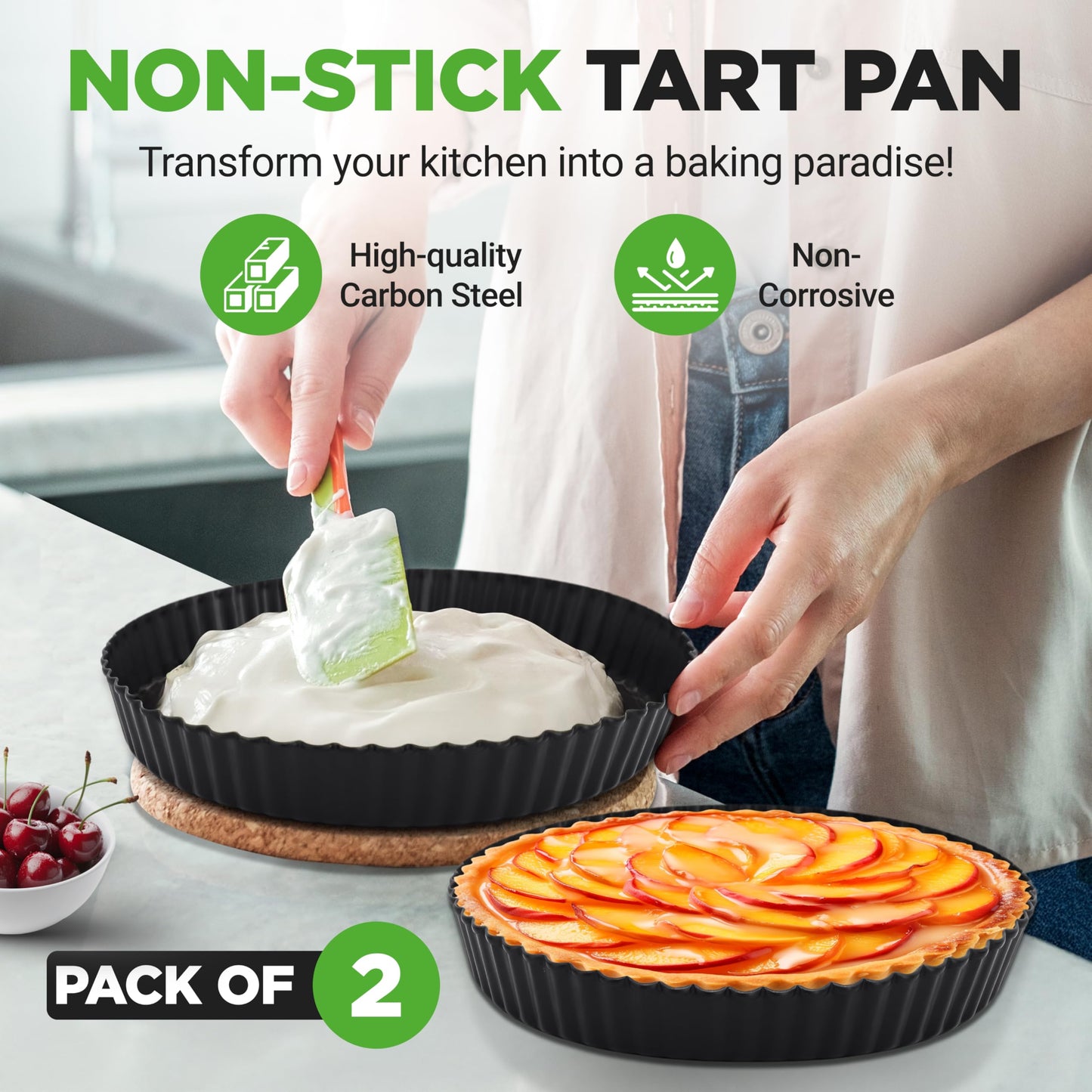 NutriChef 2 Round Tart Pans | 9 Inch Carbon Steel Tart Baking Trays with Removable Base | Nonstick & Even Heat Distribution | Includes 100 Parchment Papers | Height of 1 Inch | Black