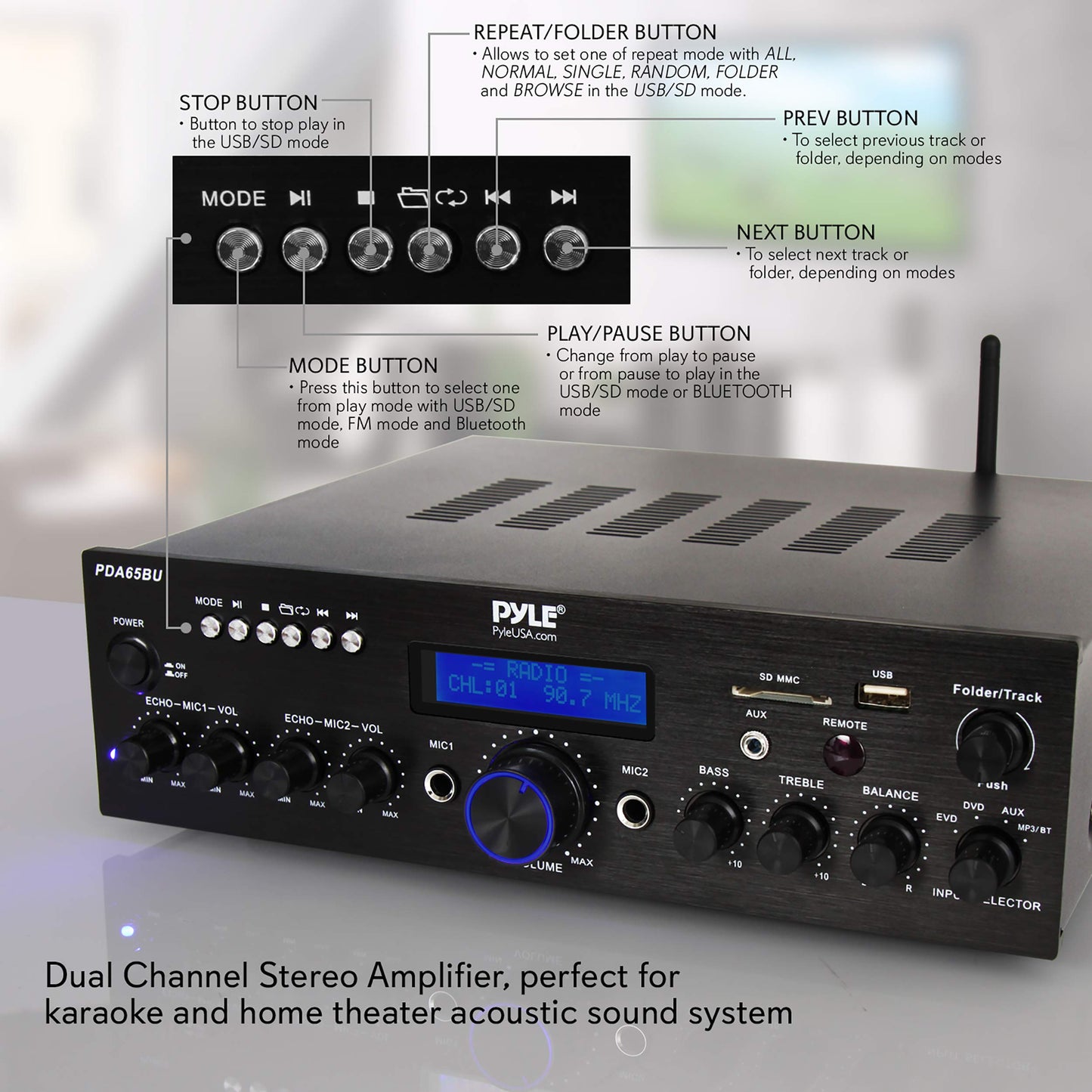 Pyle 200W Wireless Bluetooth Power Amplifier - Dual Channel Stereo Receiver with USB Flash Reader - SD Card - AUX - MIC IN w/ Echo - Radio - Home Theater - Studio Use - RCA Output - PDA65BU