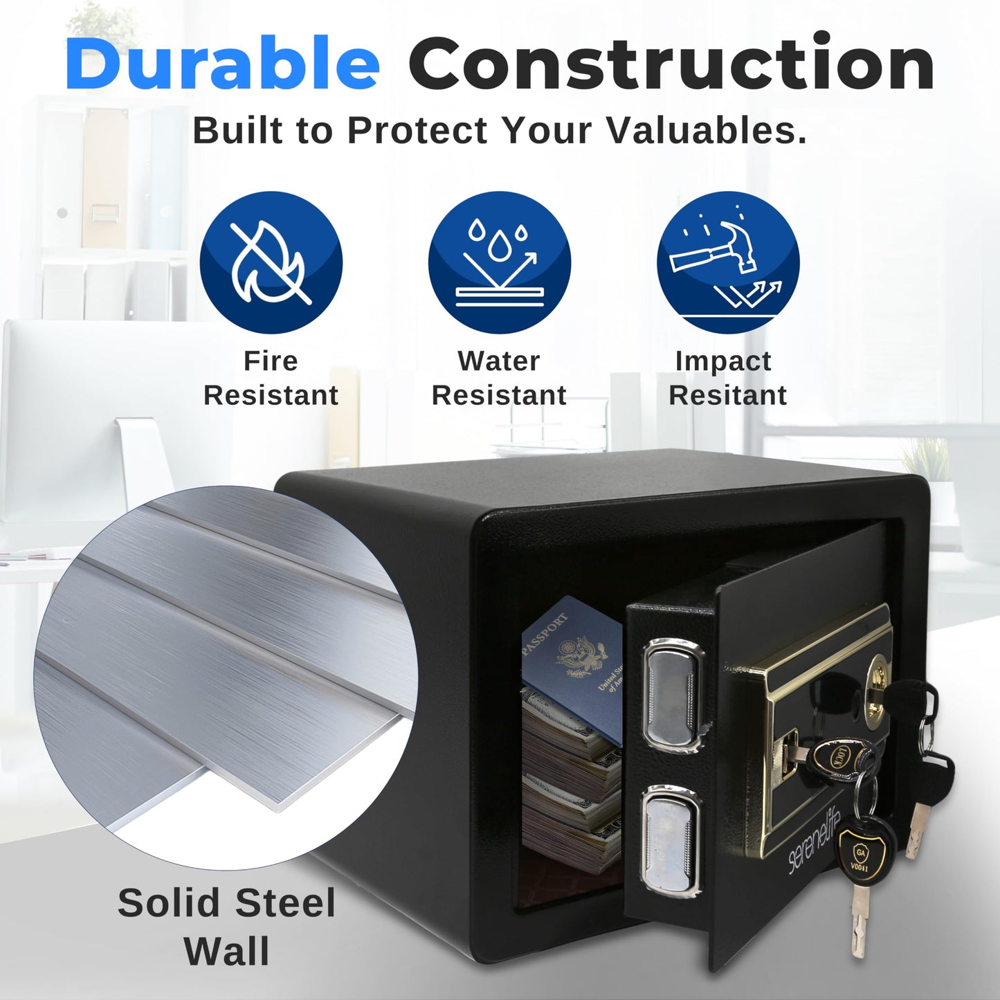 SereneLife Home Safe Box | Electronic Fingerprint Access, Money Safe for Home & Office, Touchscreen Keypad & Lock, Steel, Includes 2 Master Keys | 13.77 x 9.84 x 9.84 Inch 0.63 Cubic FT
